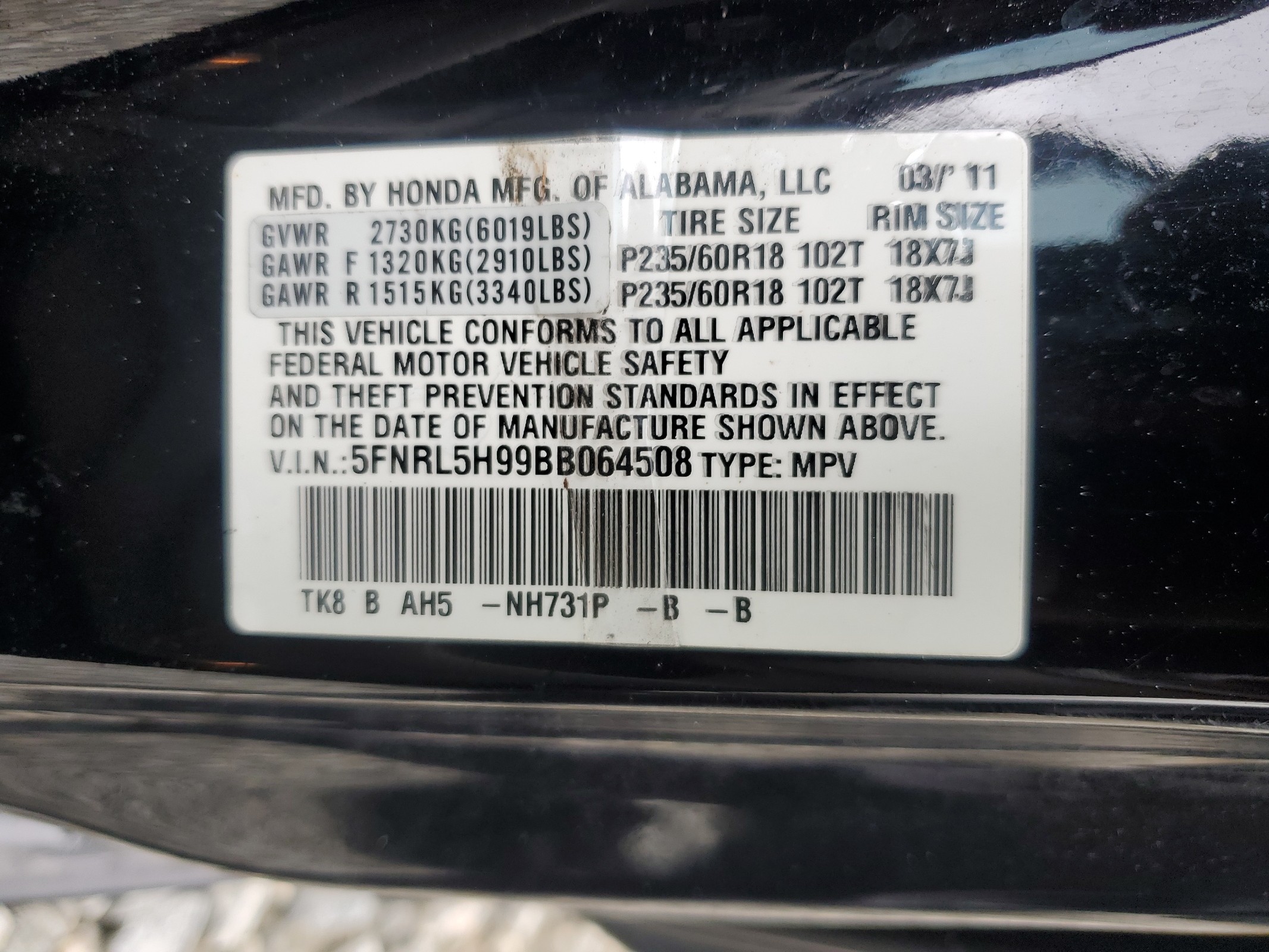 5FNRL5H99BB064508 2011 Honda Odyssey Touring