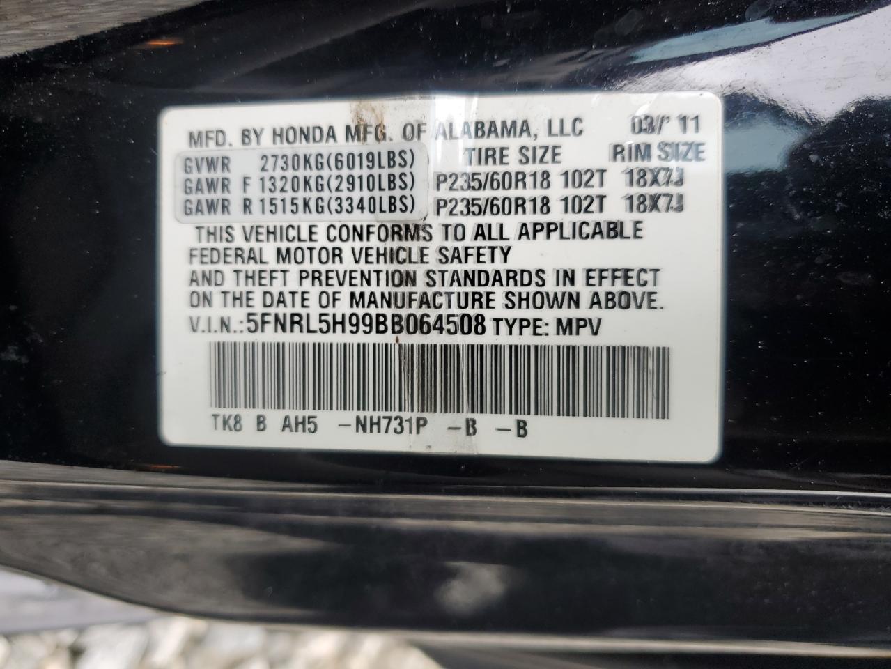 2011 Honda Odyssey Touring VIN: 5FNRL5H99BB064508 Lot: 54250964