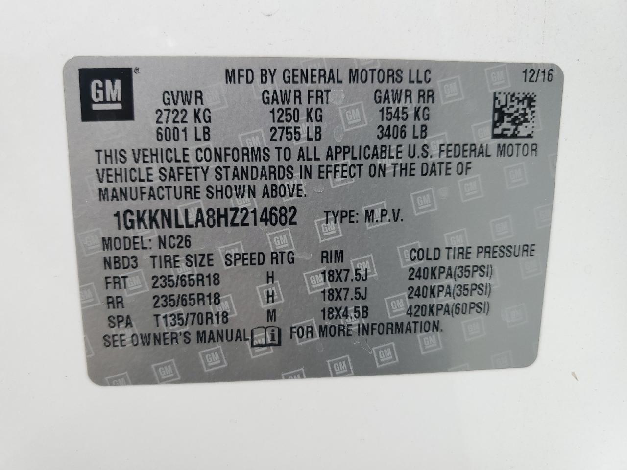 2017 GMC Acadia Sle VIN: 1GKKNLLA8HZ214682 Lot: 57019114