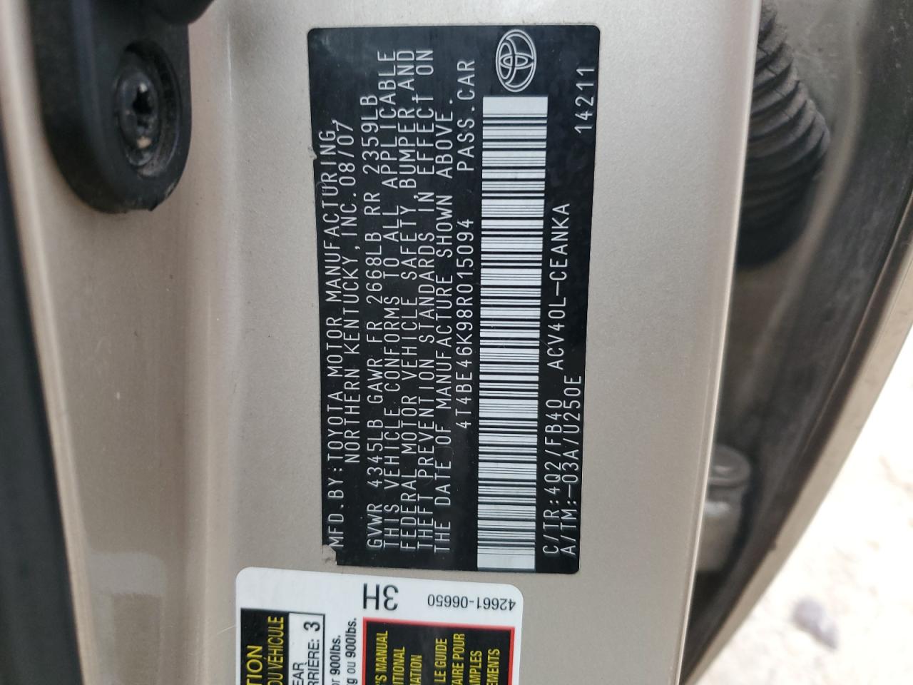 4T4BE46K98R015094 2008 Toyota Camry Ce