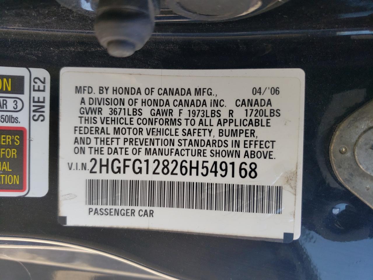 2HGFG12826H549168 2006 Honda Civic Ex
