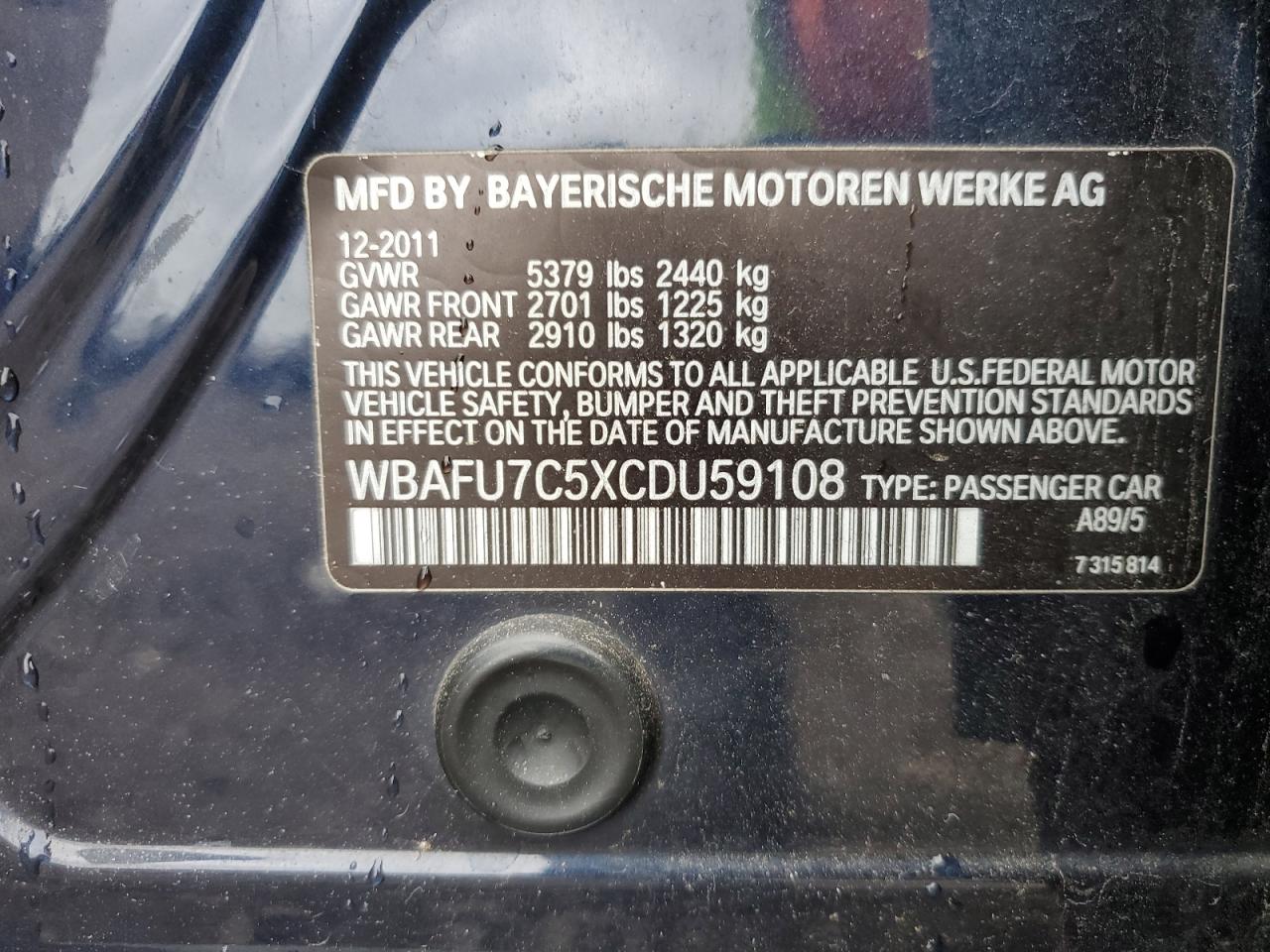 2012 BMW 535 Xi VIN: WBAFU7C5XCDU59108 Lot: 54955524