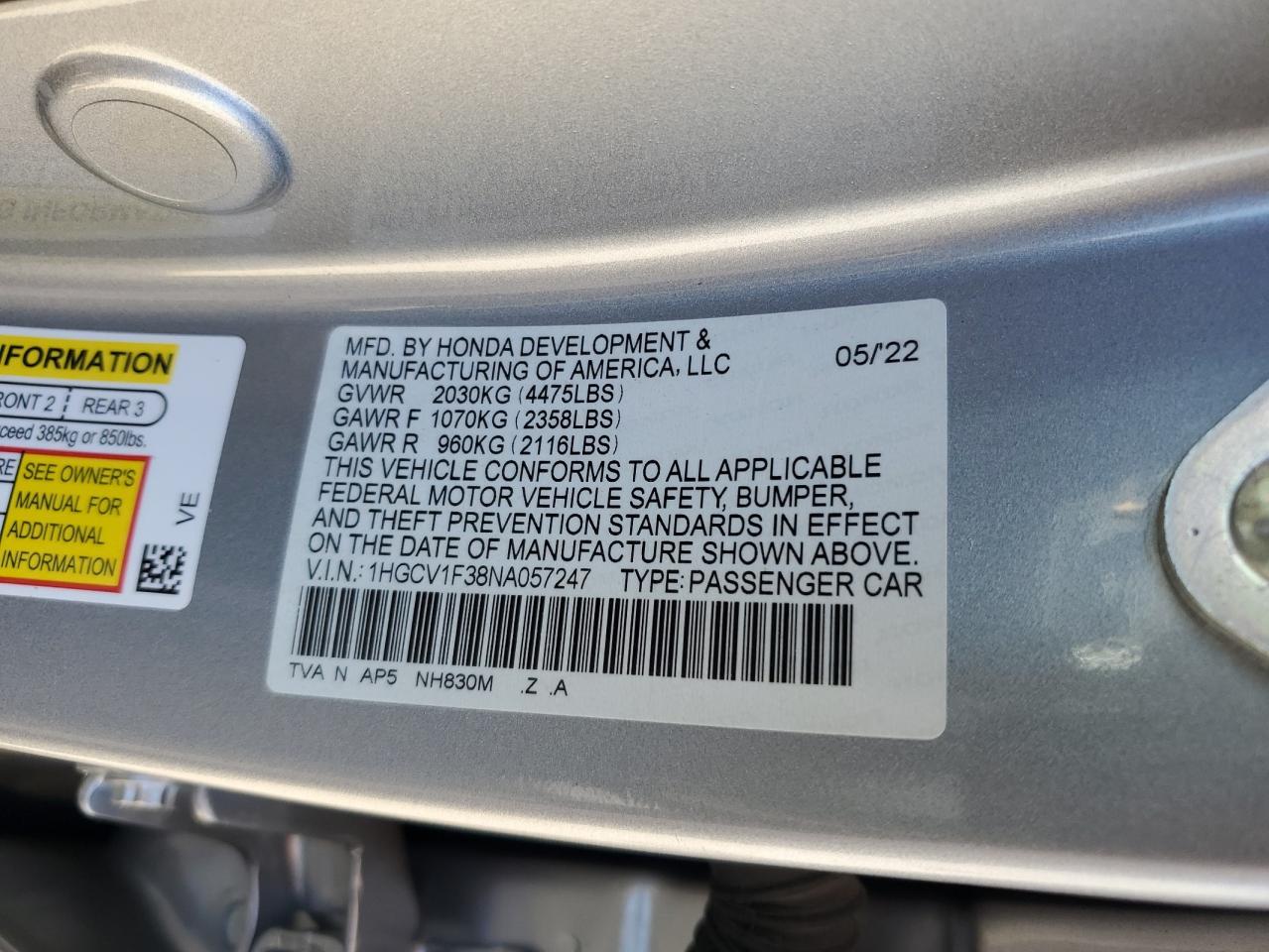 1HGCV1F38NA057247 2022 Honda Accord Sport