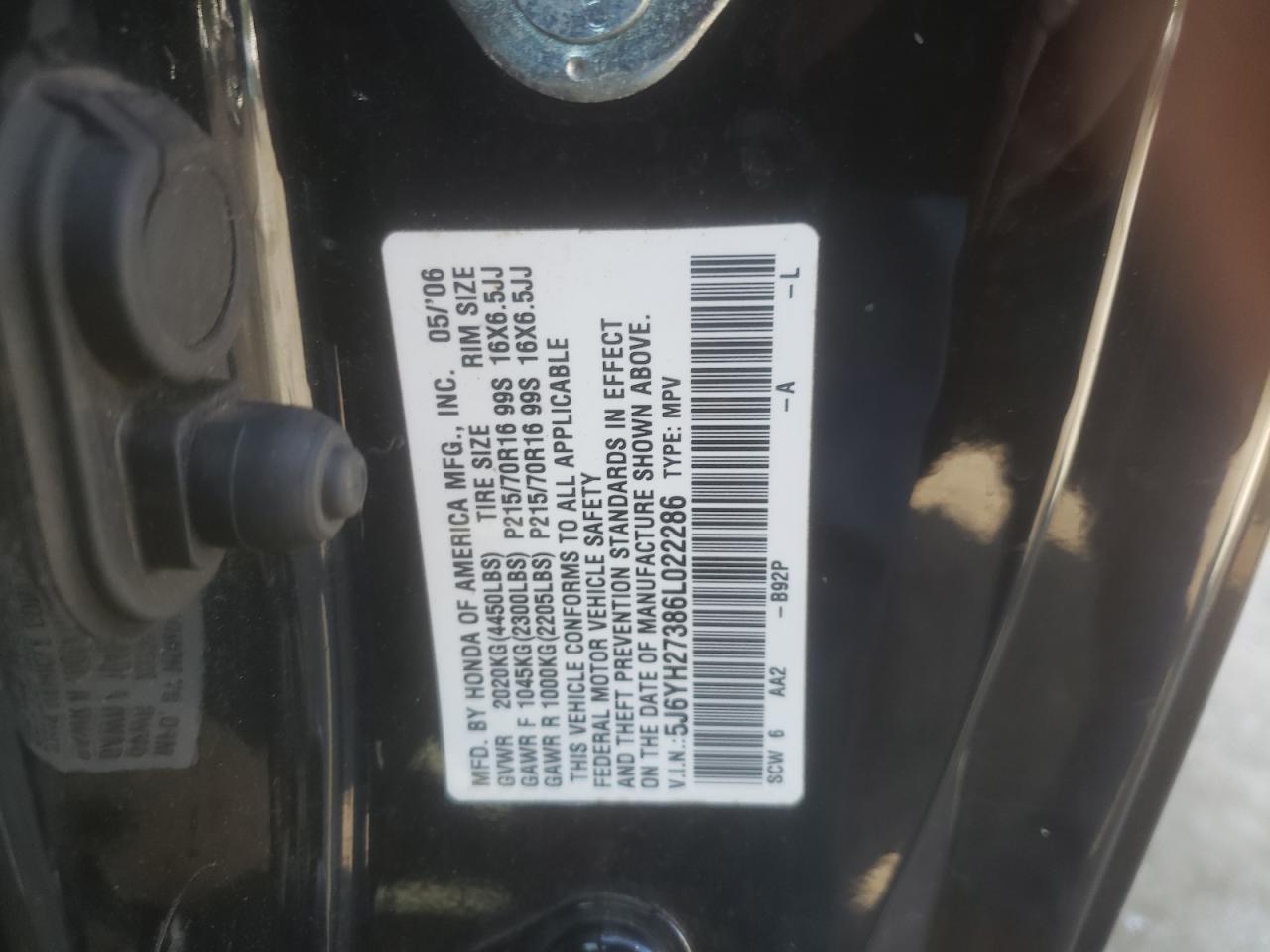 2006 Honda Element Lx VIN: 5J6YH27386L022286 Lot: 80736965