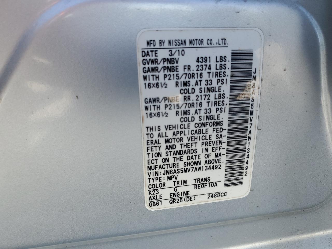 2010 Nissan Rogue S VIN: JN8AS5MV7AW134492 Lot: 56622234