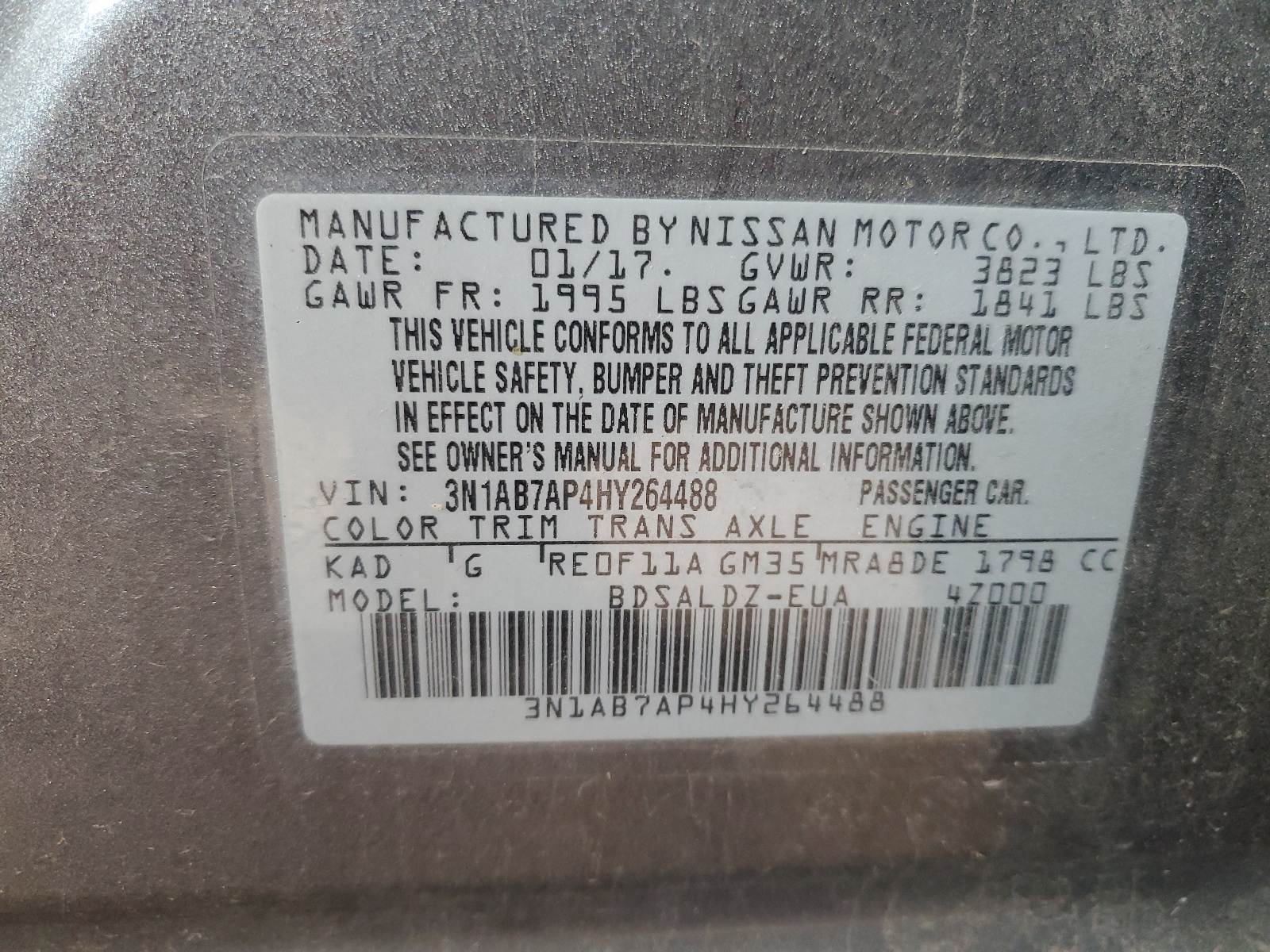 3N1AB7AP4HY264488 2017 Nissan Sentra S