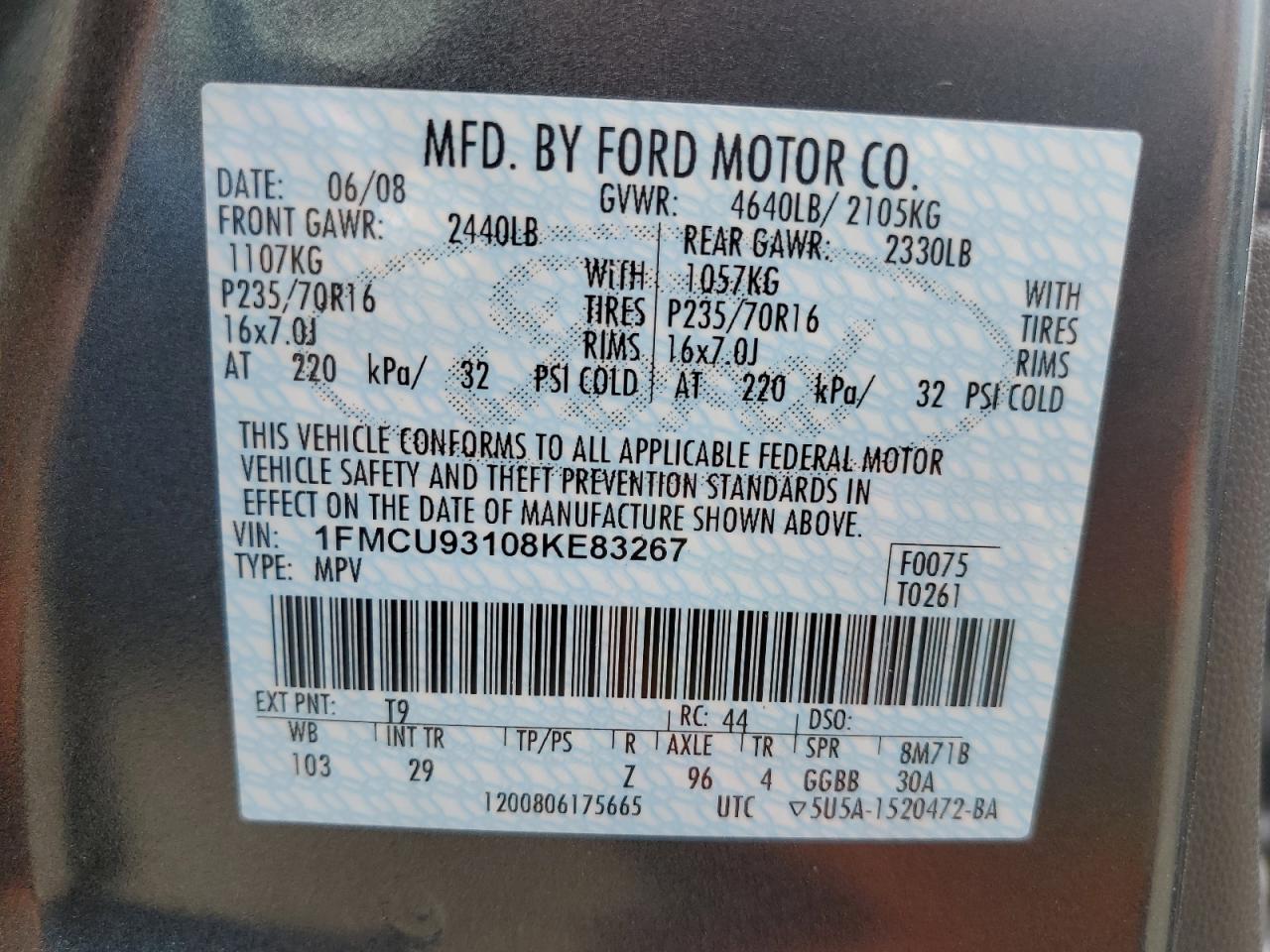 2008 Ford Escape Xlt VIN: 1FMCU93108KE83267 Lot: 56066084