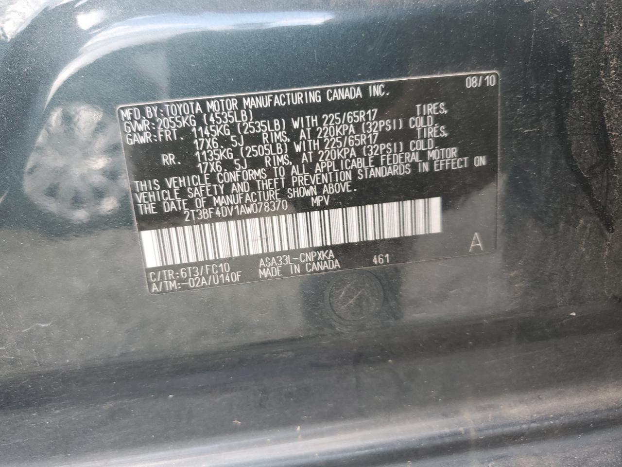 2010 Toyota Rav4 VIN: 2T3BF4DV1AW078370 Lot: 61903454