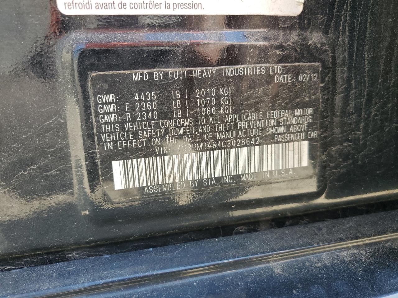 2012 Subaru Legacy 2.5I VIN: 4S3BMBA64C3028642 Lot: 56144314