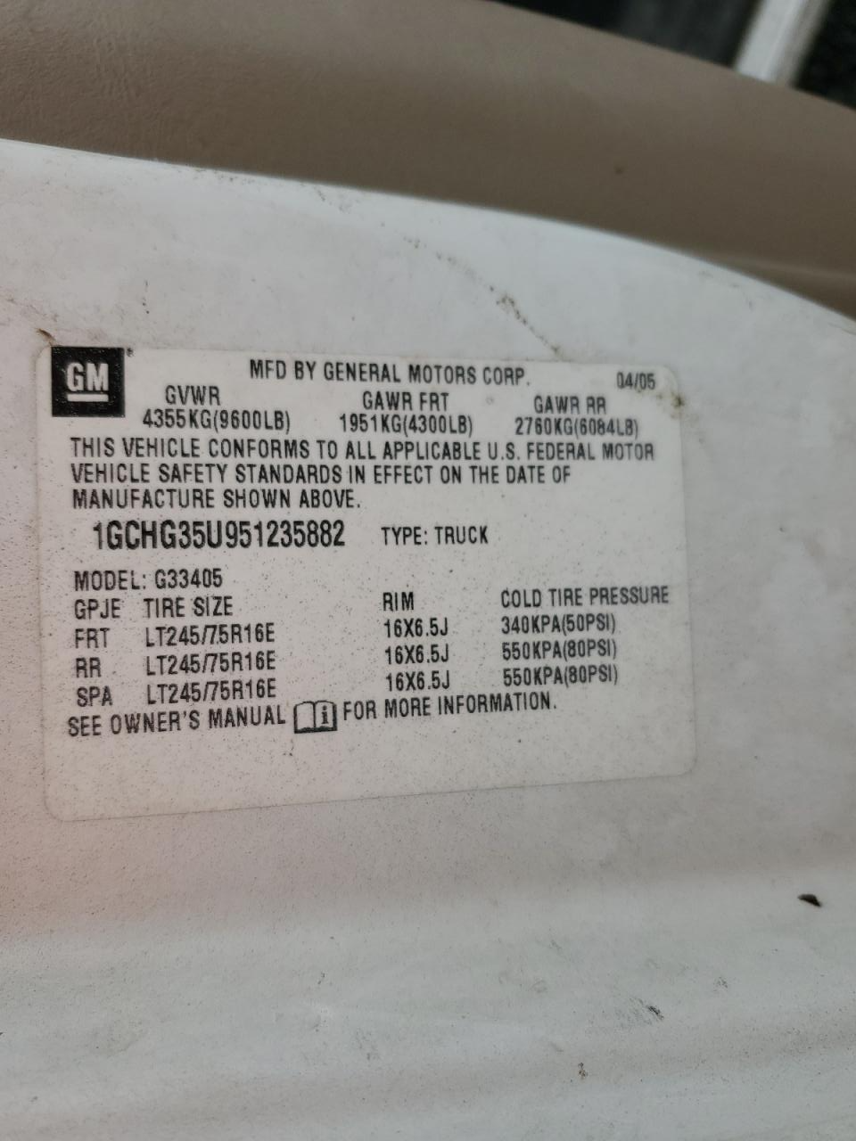 1GCHG35U951235882 2005 Chevrolet Express G3500