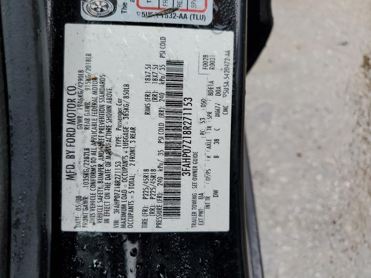 2008 Ford Fusion Se VIN: 3FAHP07Z18R271153 Lot: 55139584