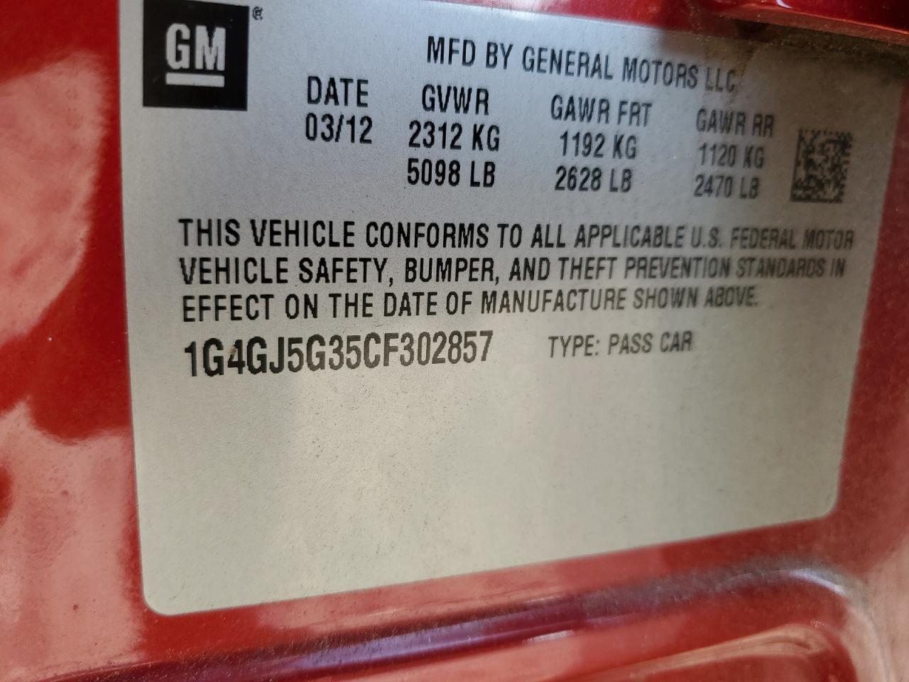 2012 Buick Lacrosse Touring VIN: 1G4GJ5G35CF302857 Lot: 57253804