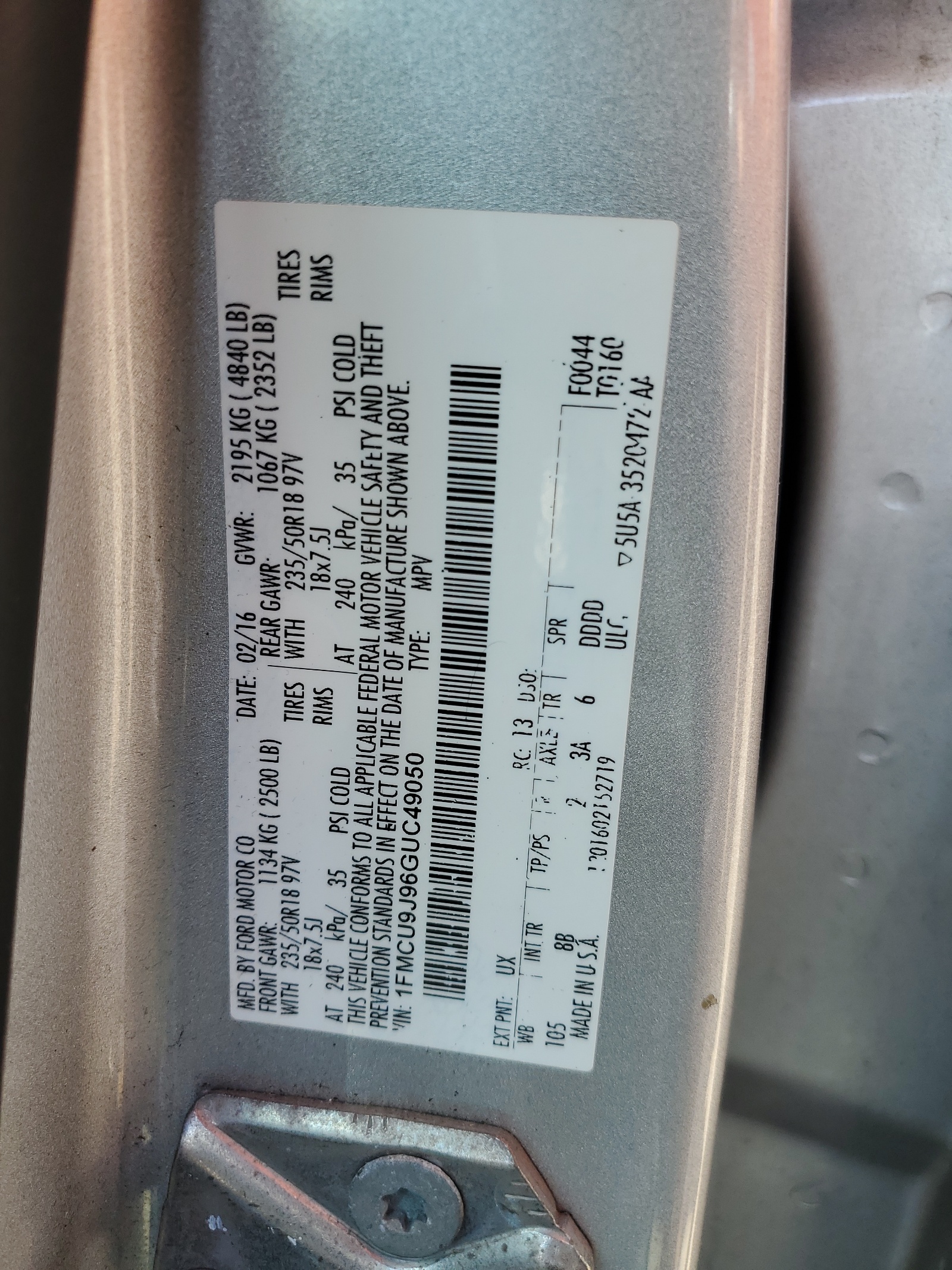 1FMCU9J96GUC49050 2016 Ford Escape Titanium
