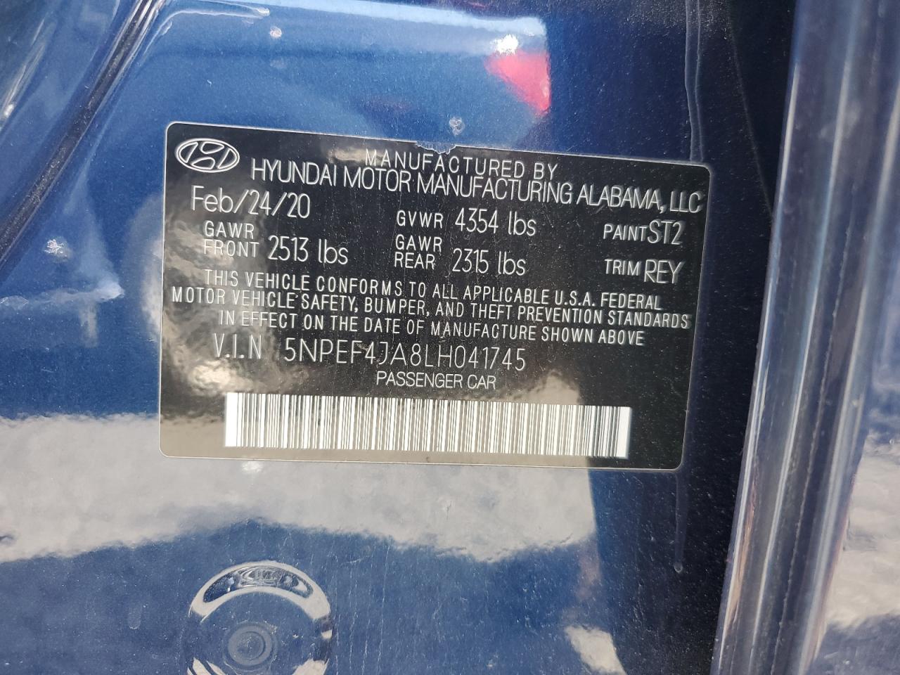 2020 Hyundai Sonata Sel VIN: 5NPEF4JA8LH041745 Lot: 53343434