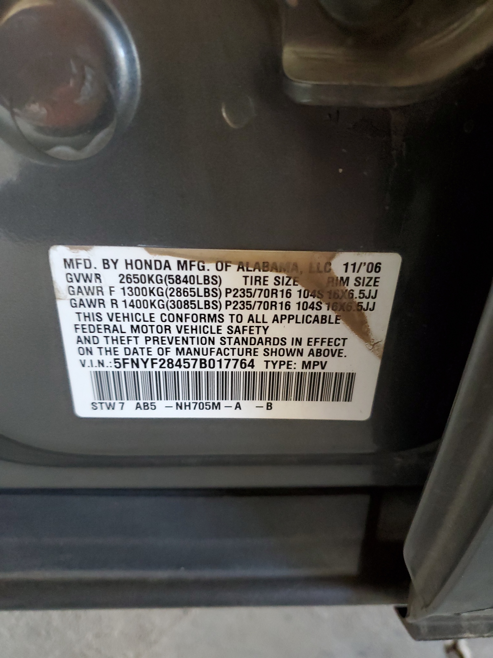 5FNYF28457B017764 2007 Honda Pilot Ex