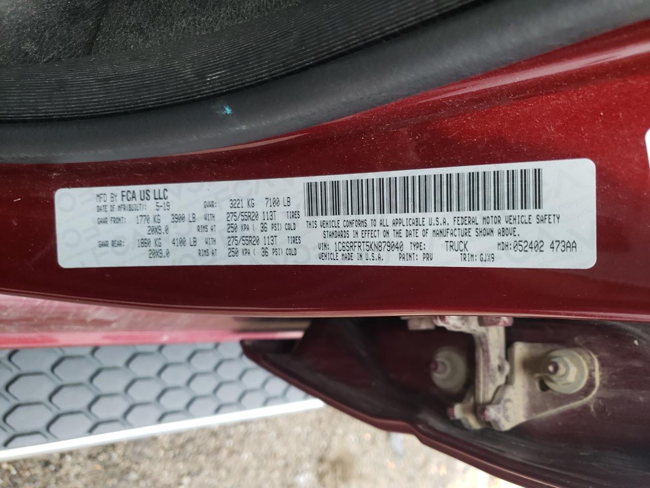 2019 Ram 1500 Laramie VIN: 1C6SRFRT5KN879040 Lot: 56252974