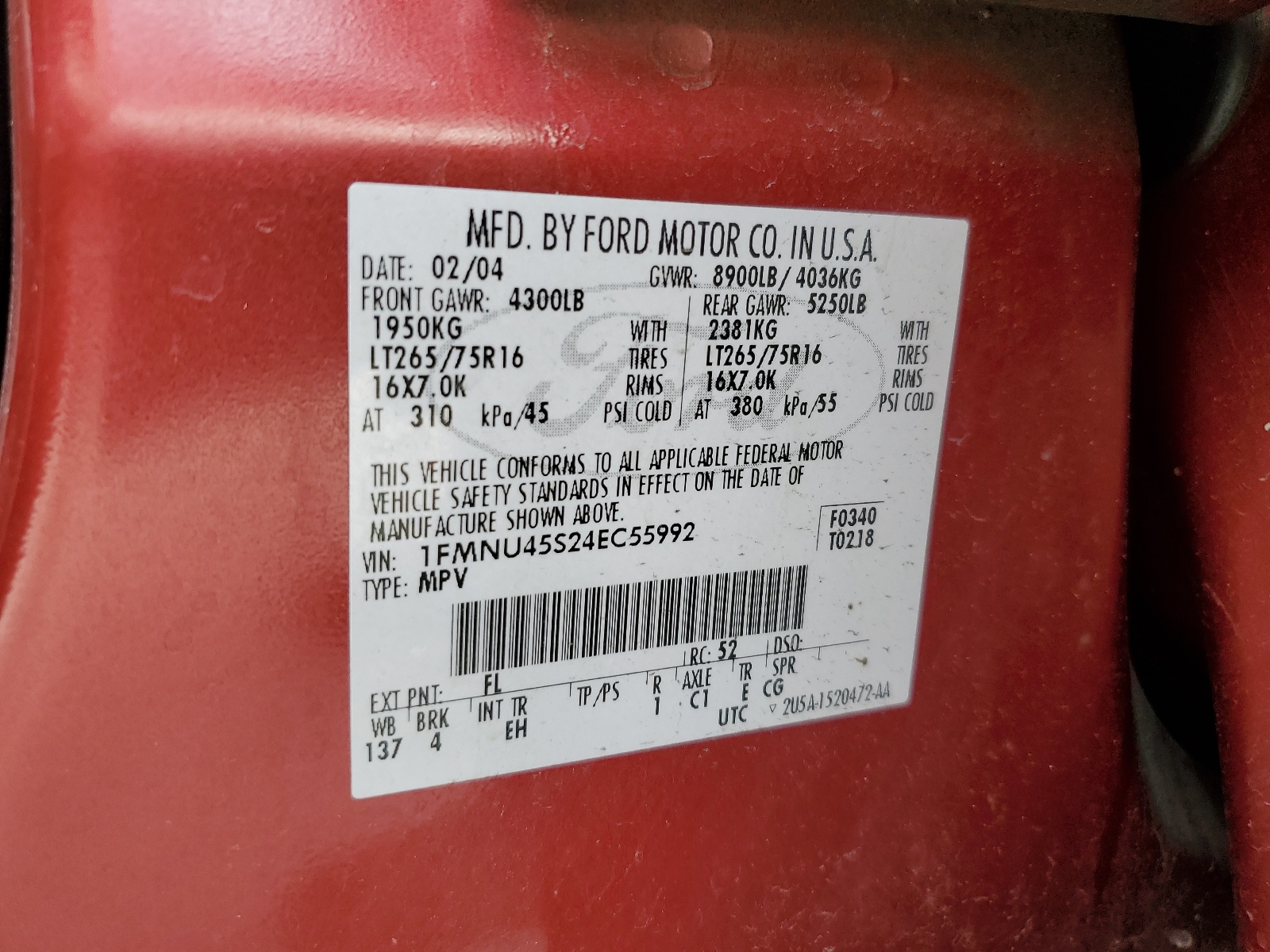 1FMNU45S24EC55992 2004 Ford Excursion Eddie Bauer