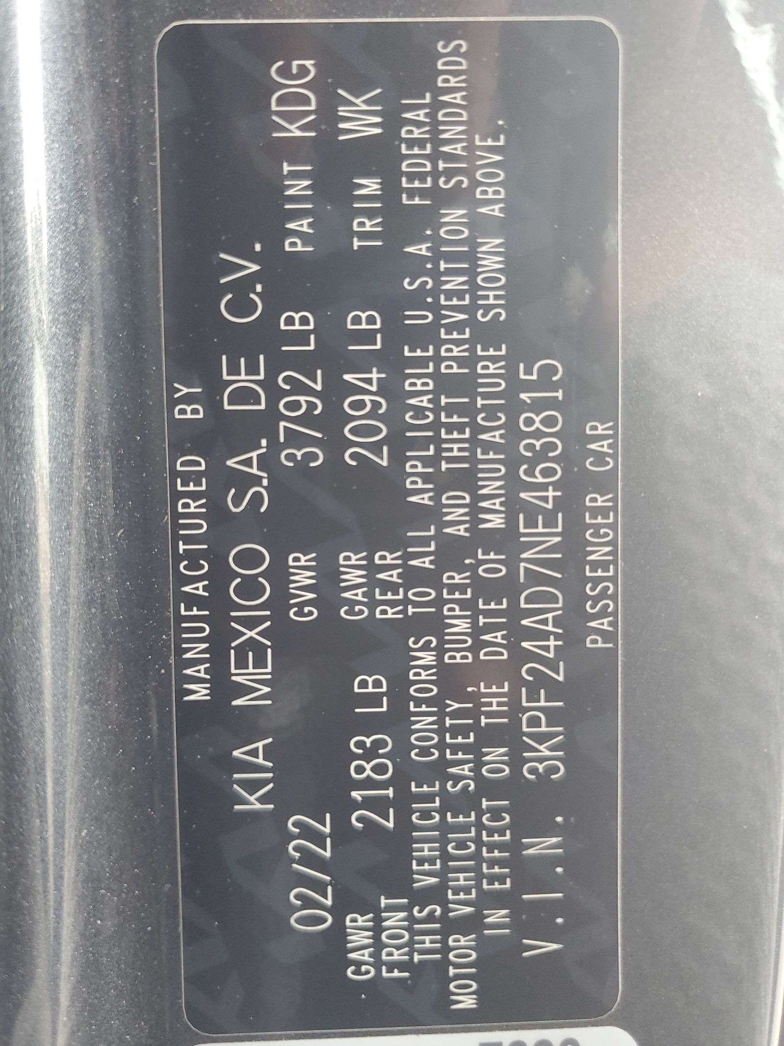 3KPF24AD7NE463815 2022 Kia Forte Fe
