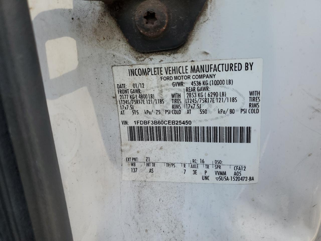 2012 Ford F350 Super Duty VIN: 1FDBF3B60CEB25450 Lot: 52912704