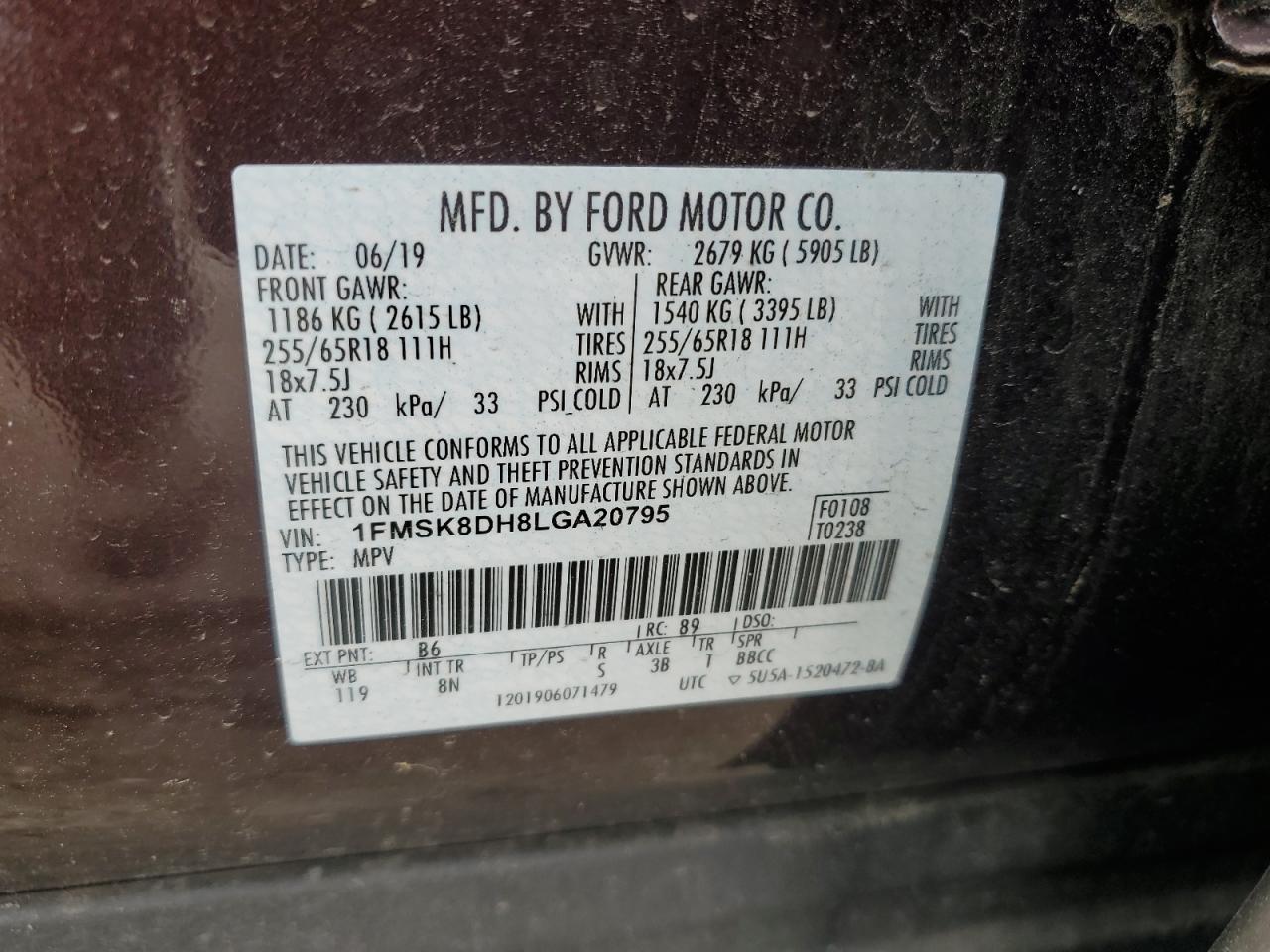 2020 Ford Explorer Xlt VIN: 1FMSK8DH8LGA20795 Lot: 55002924