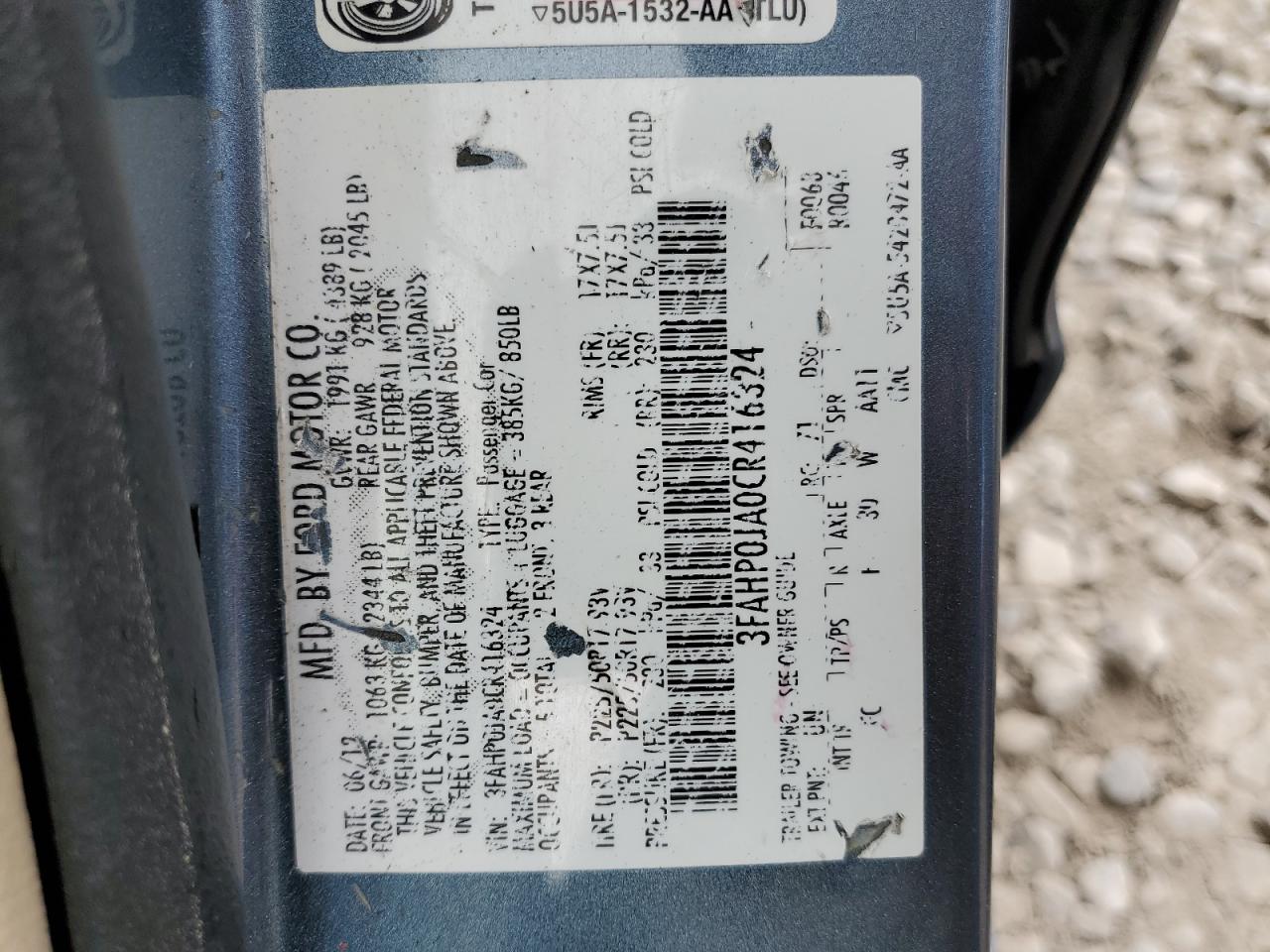 2012 Ford Fusion Sel VIN: 3FAHP0JA0CR416324 Lot: 56422634