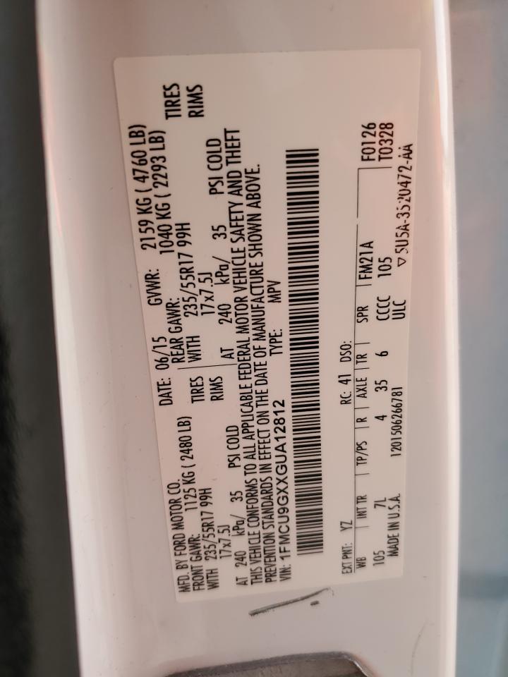 2016 Ford Escape Se VIN: 1FMCU9GXXGUA12812 Lot: 54000854