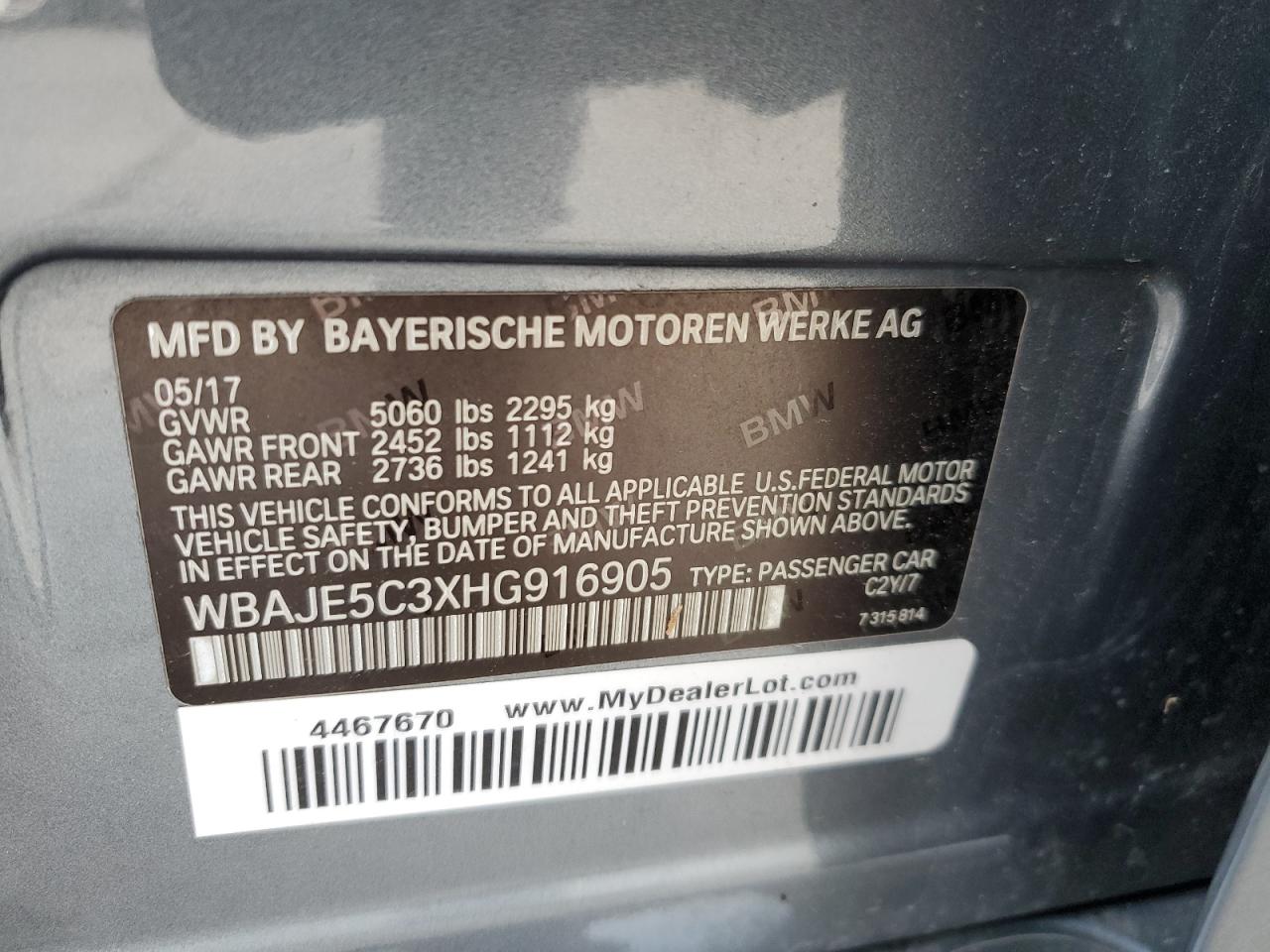 2017 BMW 540 I VIN: WBAJE5C3XHG916905 Lot: 55631894