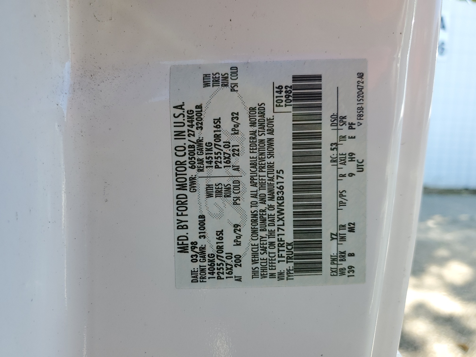 1FTRF17LXWKB36175 1998 Ford F150