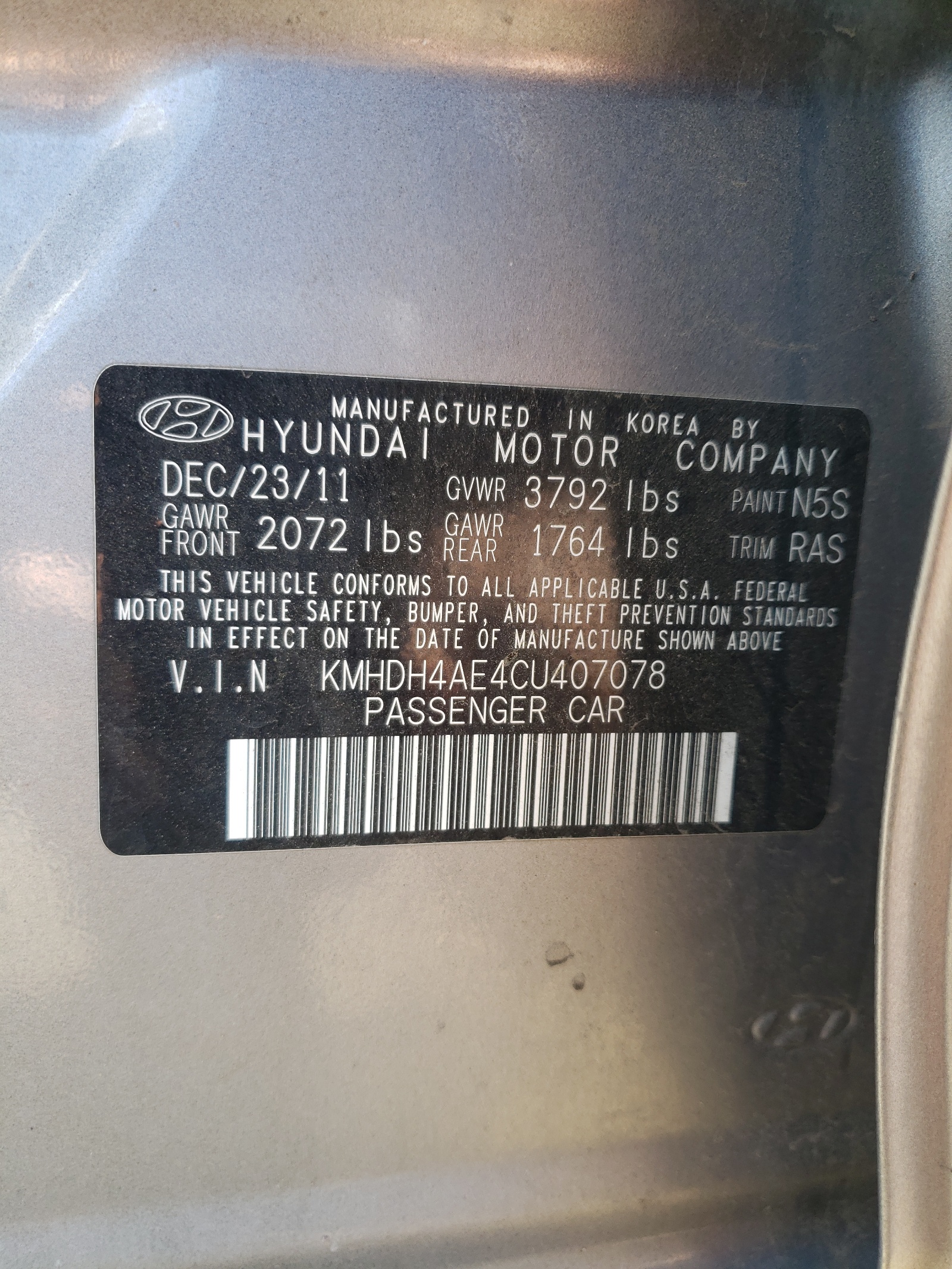 KMHDH4AE4CU407078 2012 Hyundai Elantra Gls