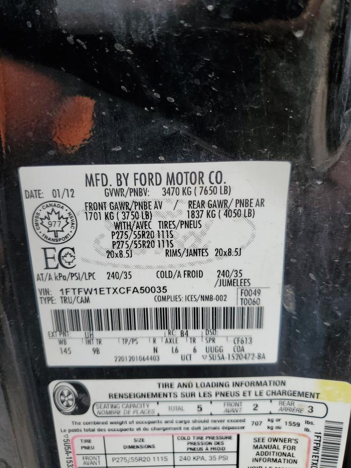 2012 Ford F150 Supercrew VIN: 1FTFW1ETXCFA50035 Lot: 65326835