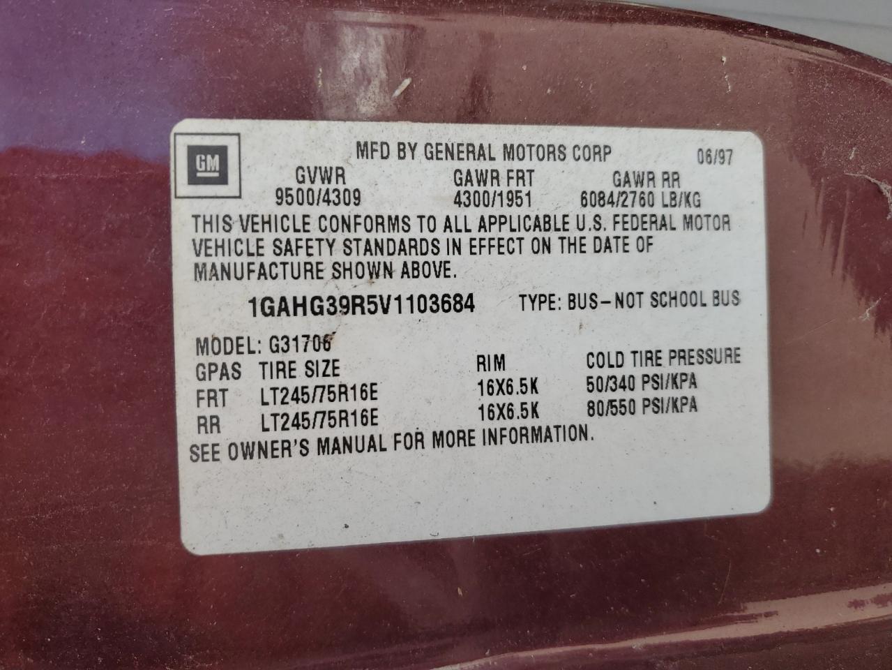 1997 Chevrolet Express G3500 VIN: 1GAHG39R5V1103684 Lot: 54015054