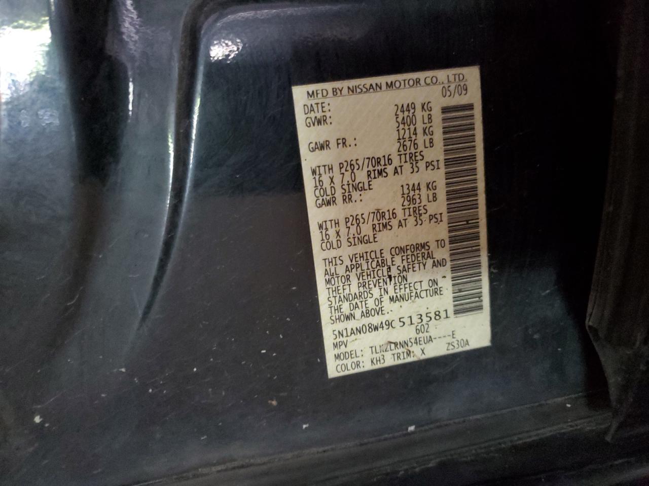 2009 Nissan Xterra Off Road VIN: 5N1AN08W49C513581 Lot: 54965964