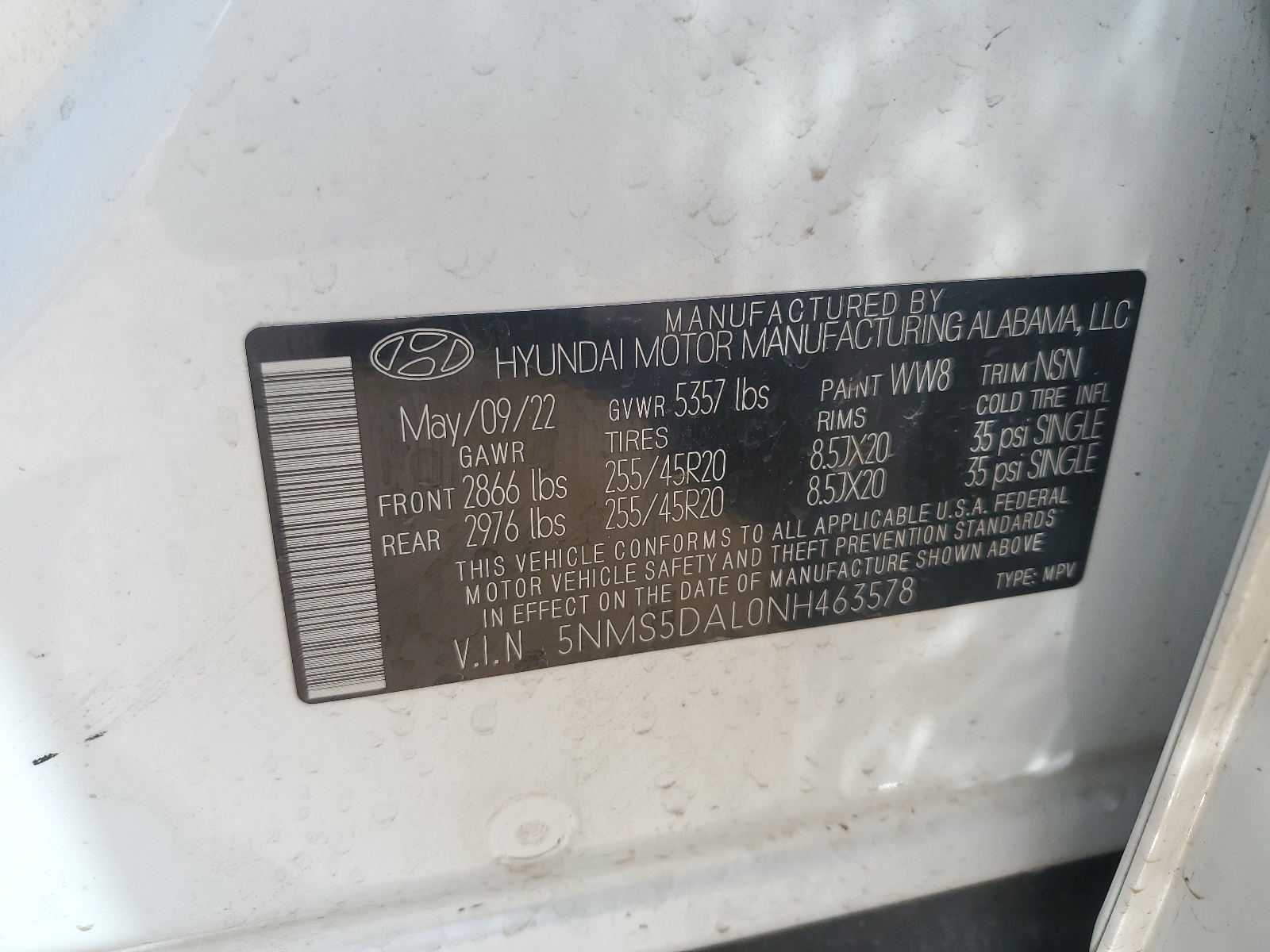 5NMS5DAL0NH463578 2022 Hyundai Santa Fe Calligraphy