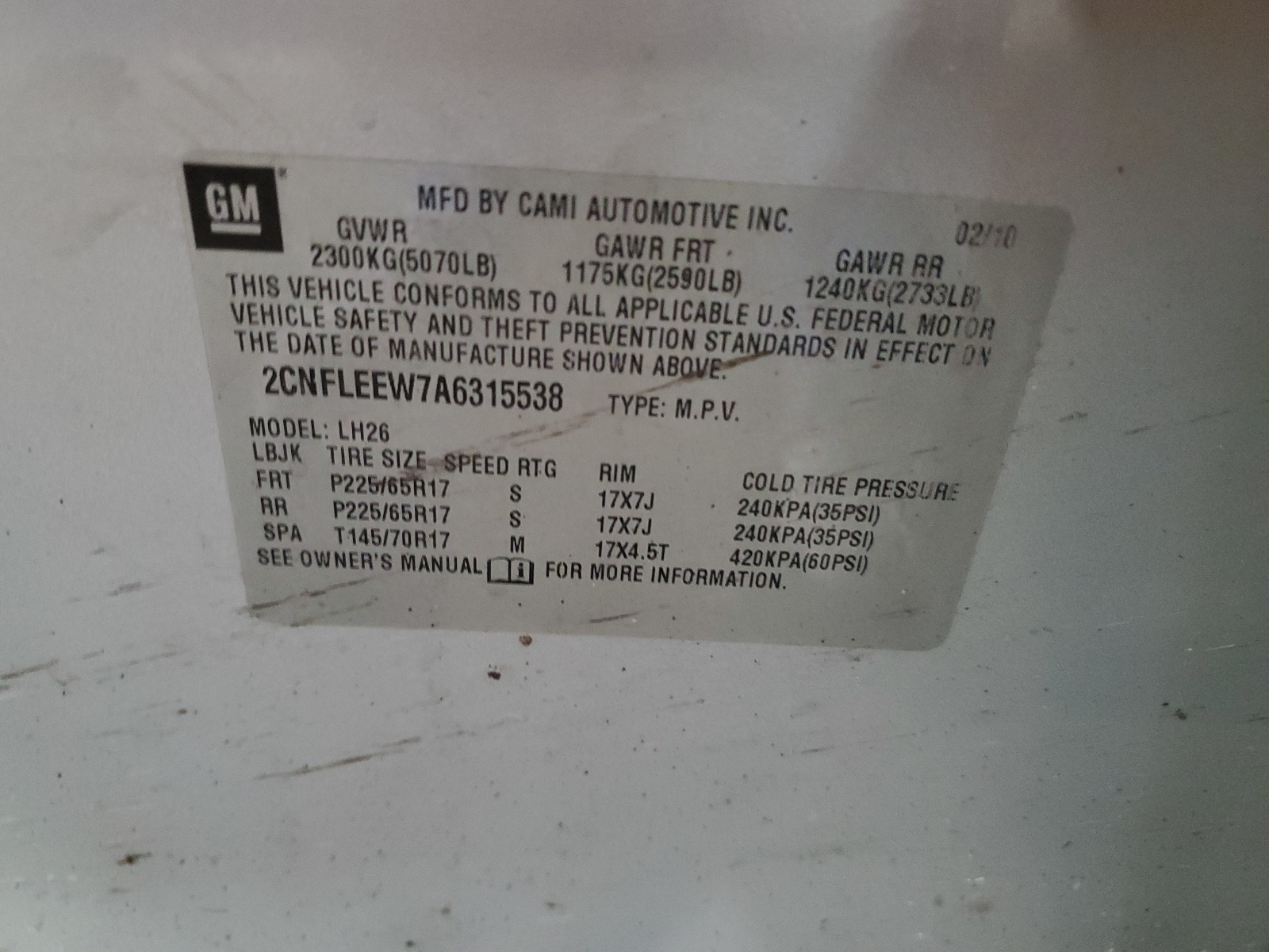 2CNFLEEW7A6315538 2010 Chevrolet Equinox Lt