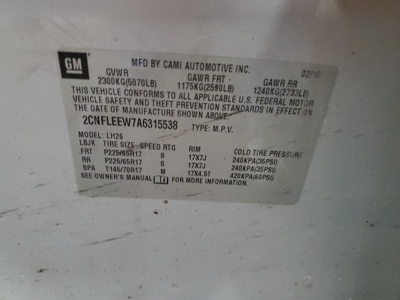 2010 Chevrolet Equinox Lt VIN: 2CNFLEEW7A6315538 Lot: 56803924