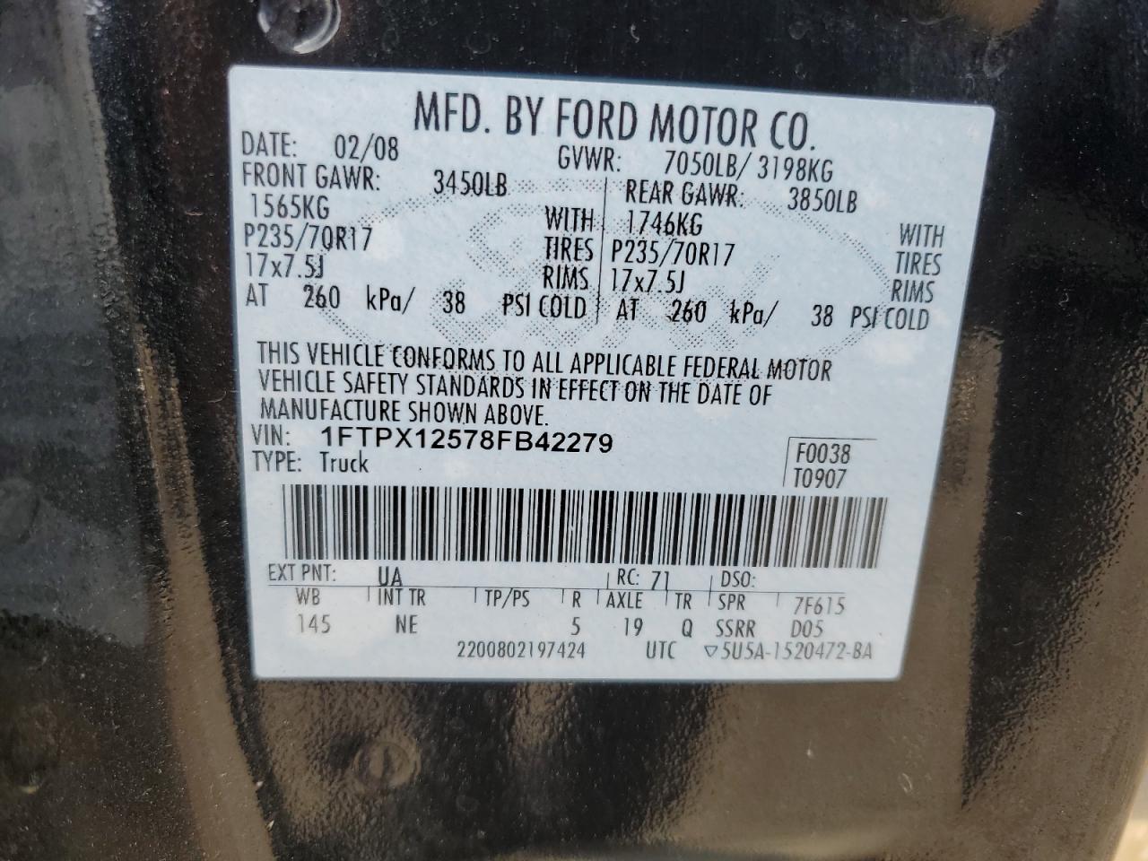 2008 Ford F150 VIN: 1FTPX12578FB42279 Lot: 53831624