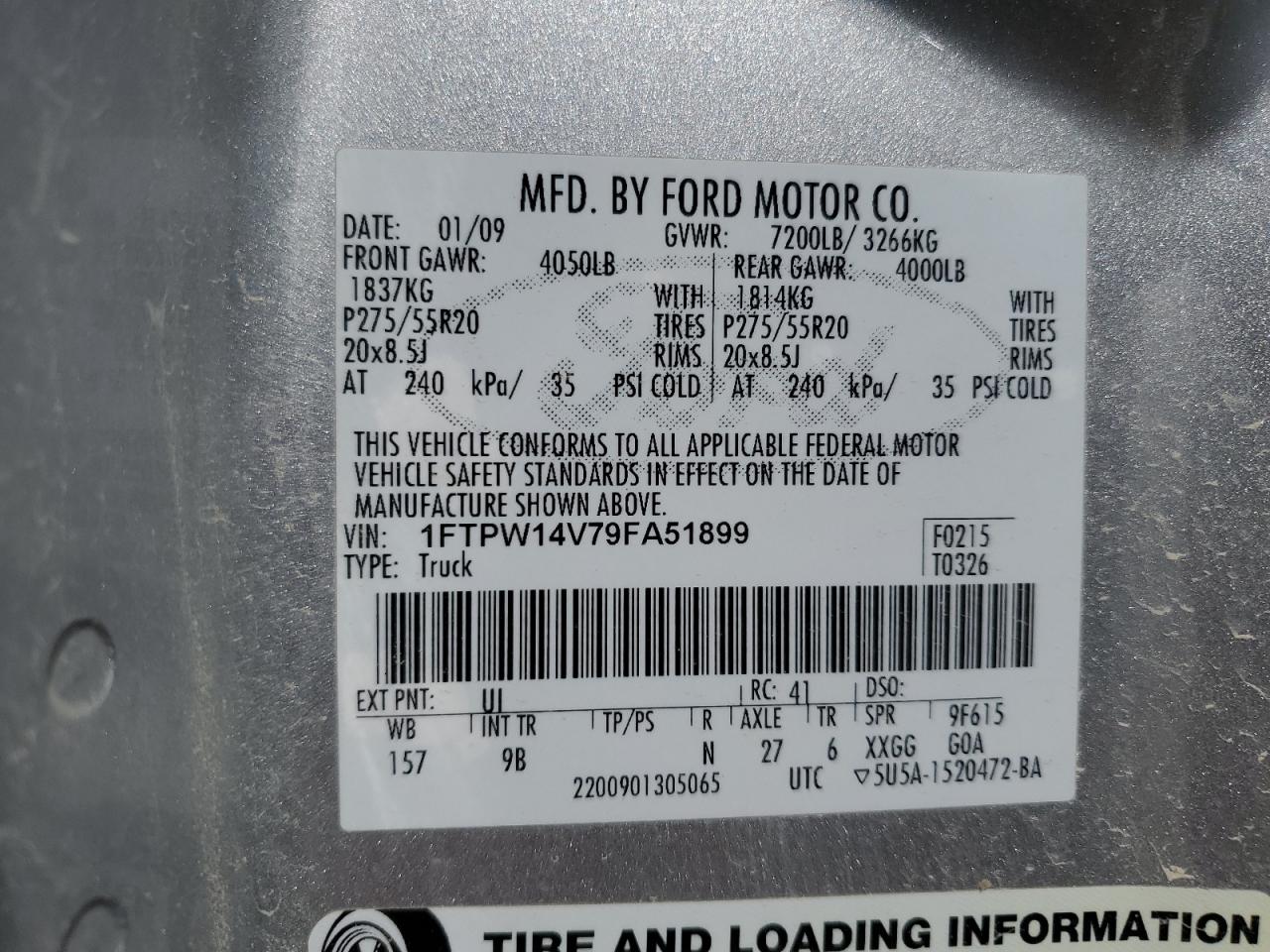 2009 Ford F150 Supercrew VIN: 1FTPW14V79FA51899 Lot: 55470424