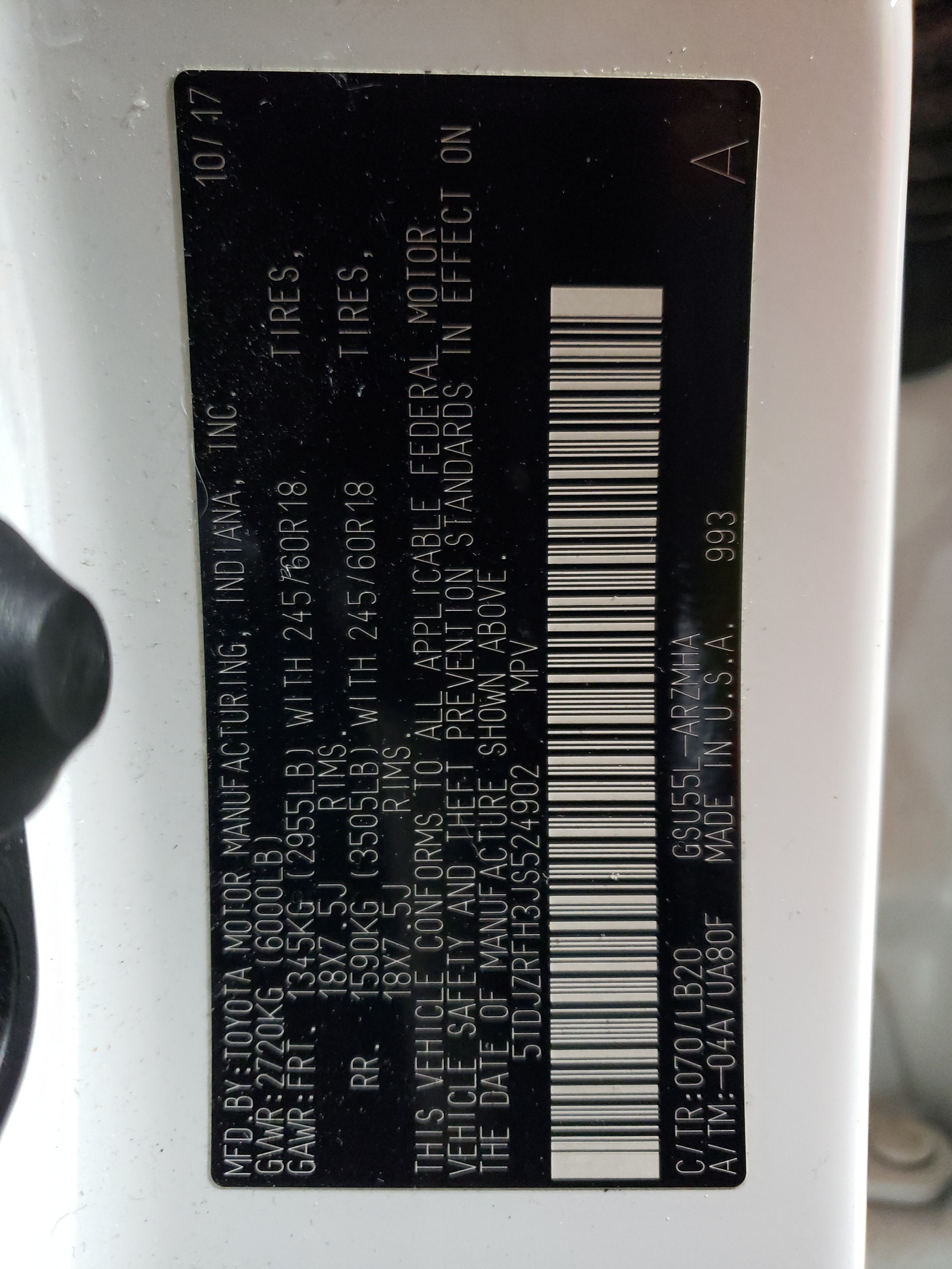 5TDJZRFH3JS524902 2018 Toyota Highlander Se