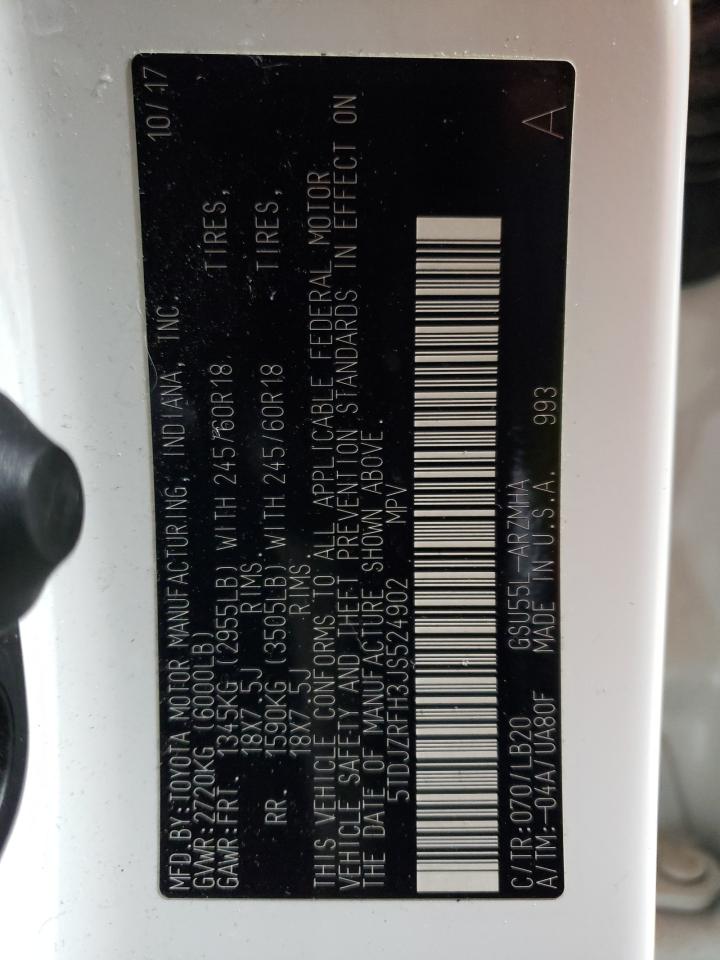 2018 Toyota Highlander Se VIN: 5TDJZRFH3JS524902 Lot: 55459304