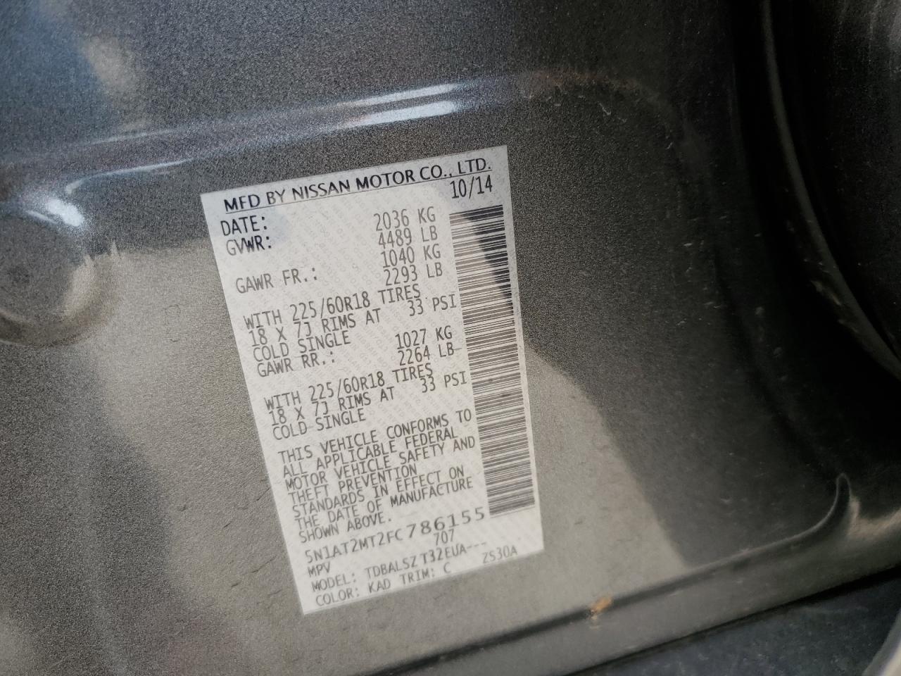 2015 Nissan Rogue S VIN: 5N1AT2MT2FC786155 Lot: 55577884