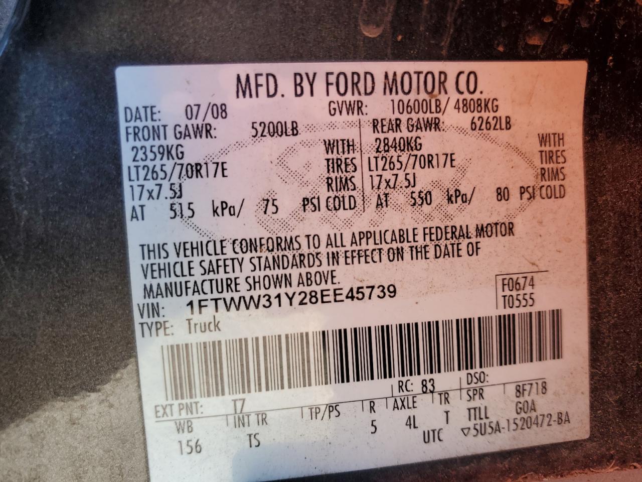 2008 Ford F350 Srw Super Duty VIN: 1FTWW31Y28EE45739 Lot: 55114094