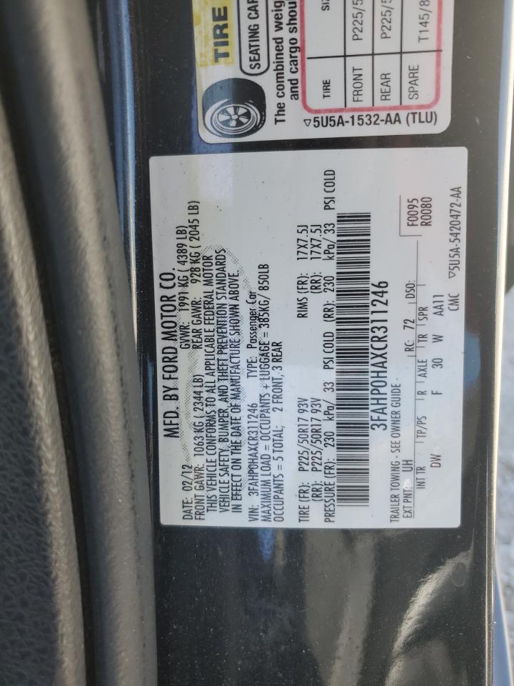 2012 Ford Fusion Se VIN: 3FAHP0HAXCR311246 Lot: 56683274