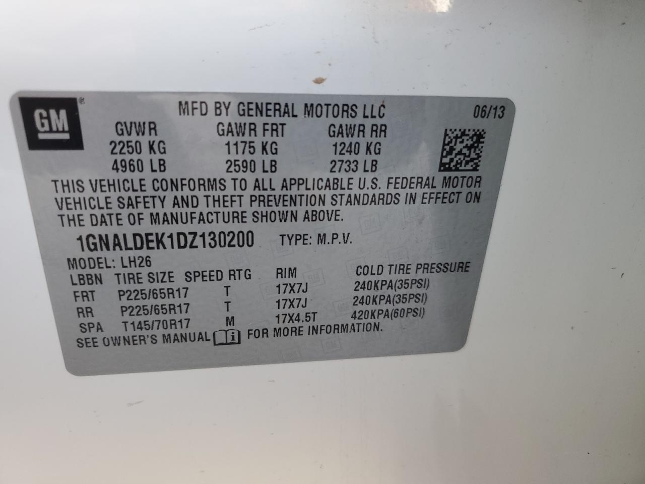 2013 Chevrolet Equinox Lt VIN: 1GNALDEK1DZ130200 Lot: 55692774