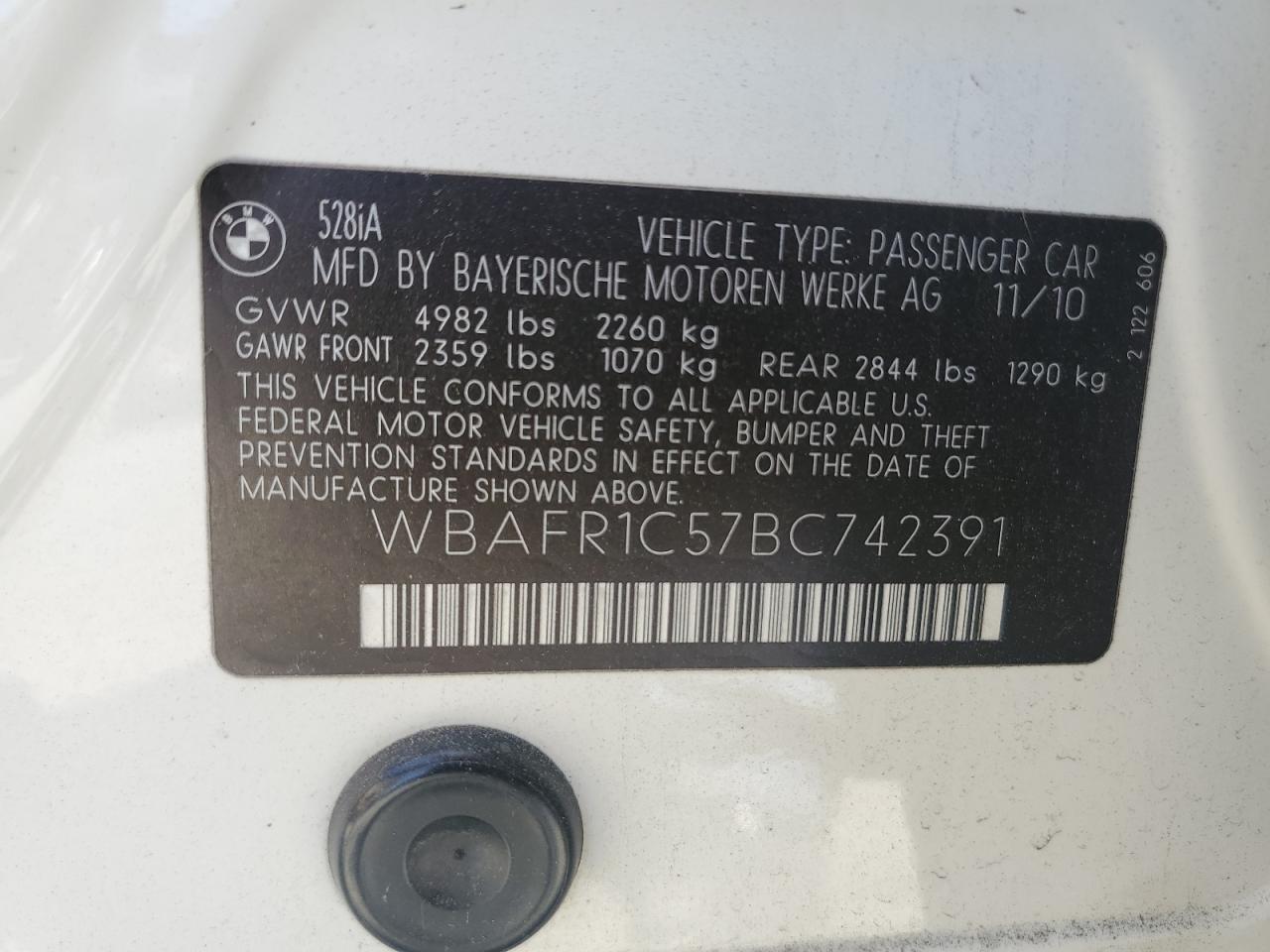 2011 BMW 528 I VIN: WBAFR1C57BC742391 Lot: 55036214