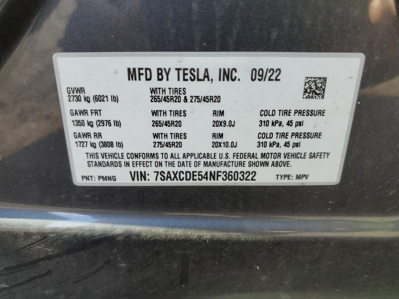 2022 Tesla Model X VIN: 7SAXCDE54NF360322 Lot: 53962664