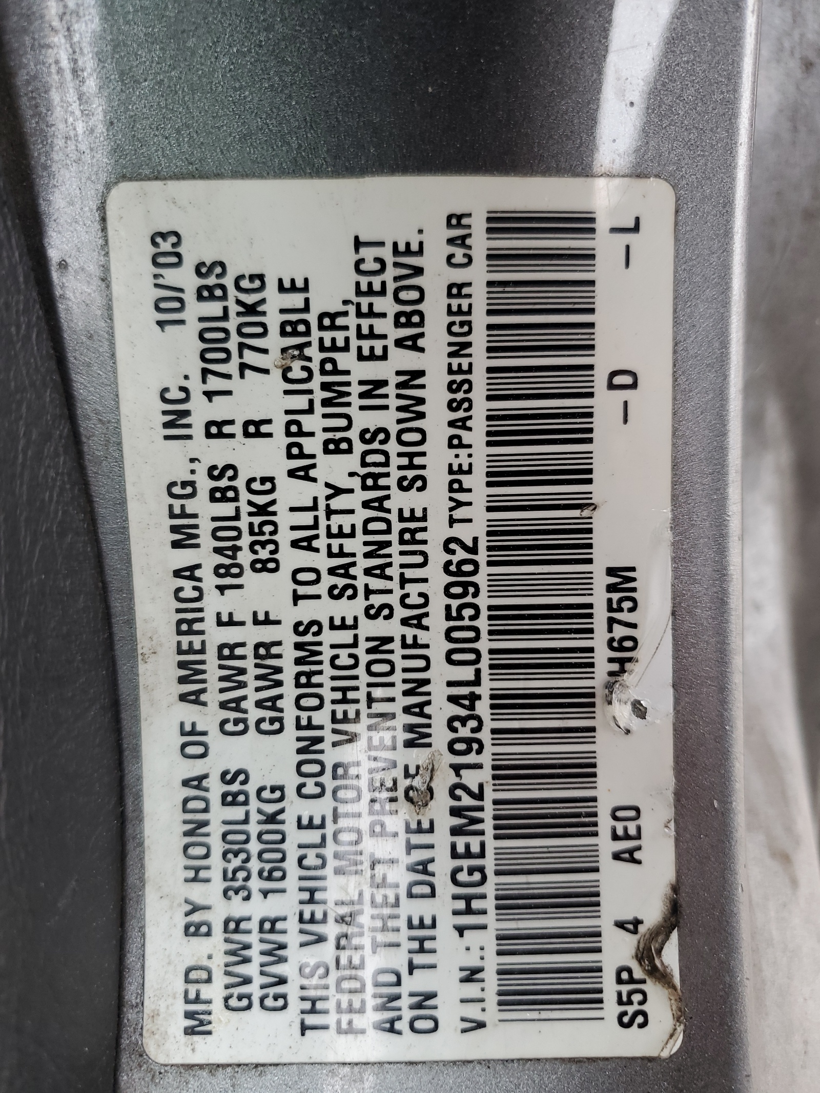 1HGEM21934L005962 2004 Honda Civic Ex