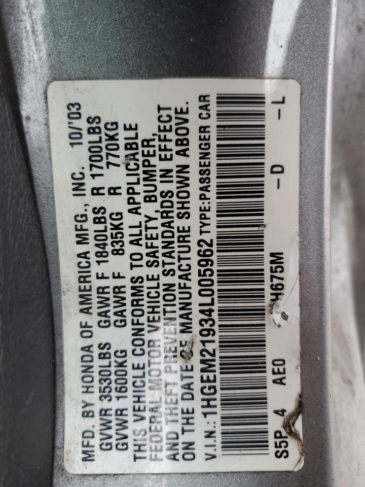 2004 Honda Civic Ex VIN: 1HGEM21934L005962 Lot: 54818504