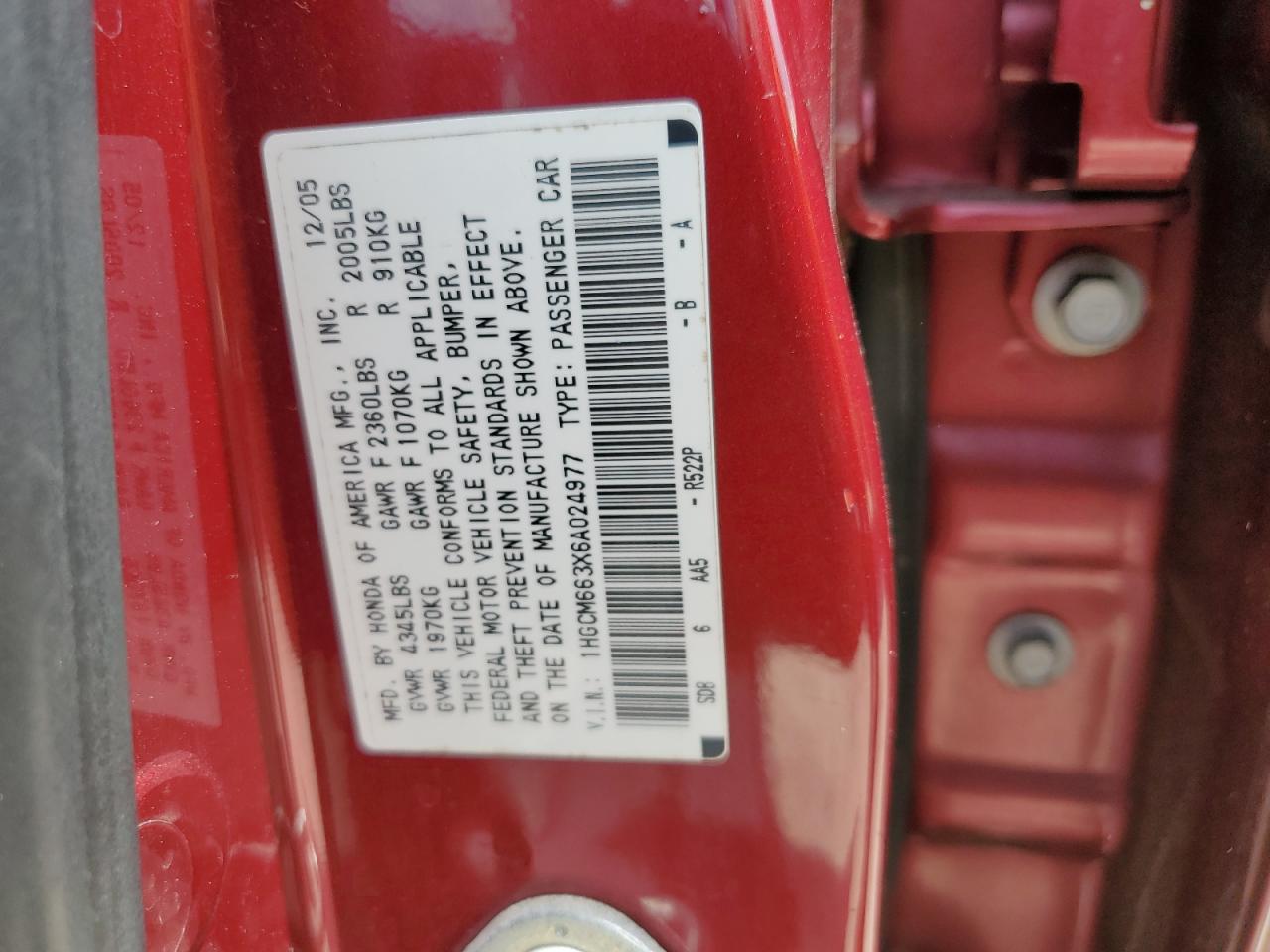 1HGCM663X6A024977 2006 Honda Accord Lx