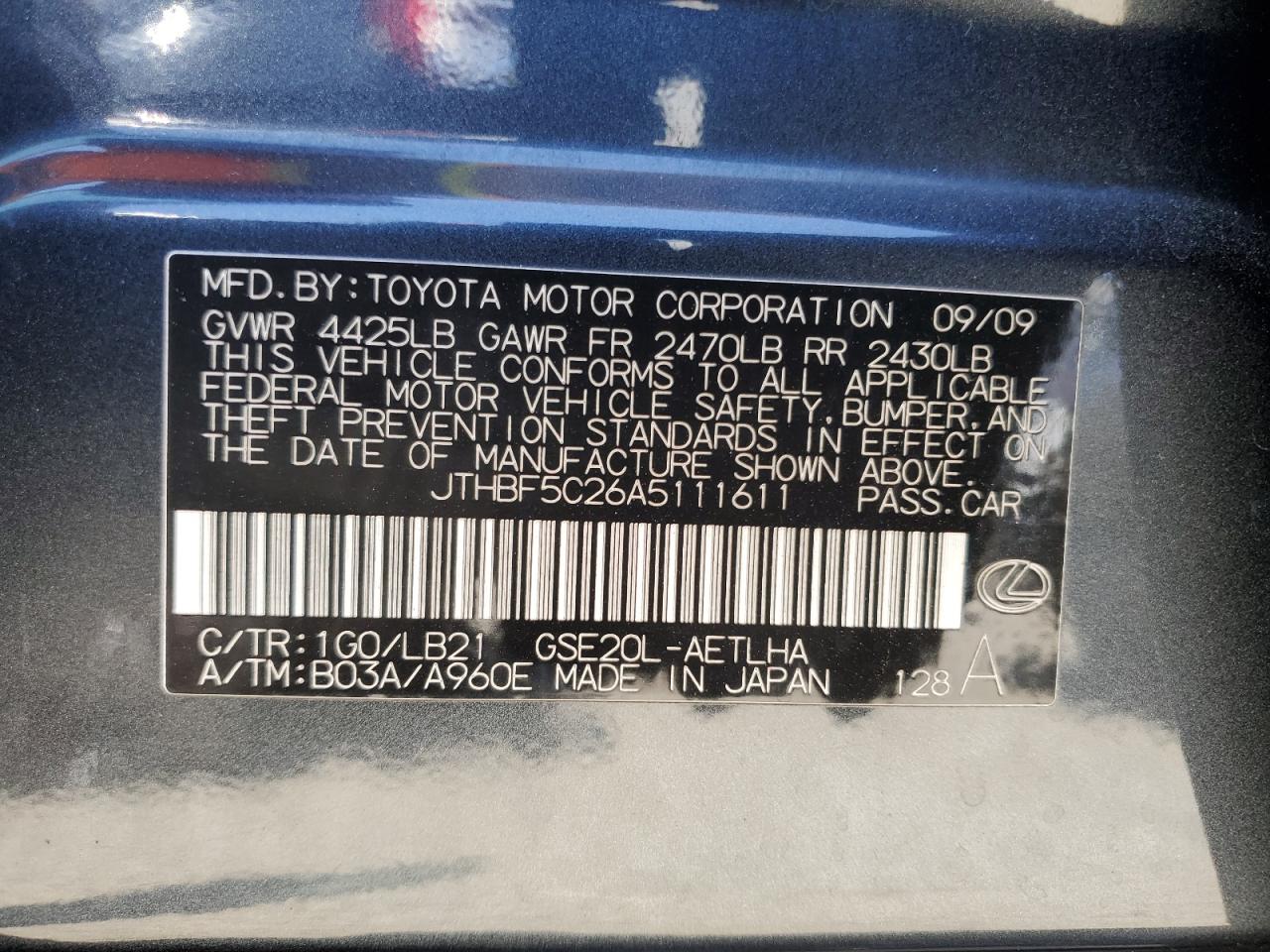 2010 Lexus Is 250 VIN: JTHBF5C26A5111611 Lot: 54747044