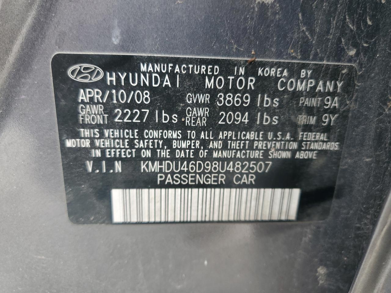 KMHDU46D98U482507 2008 Hyundai Elantra Gls